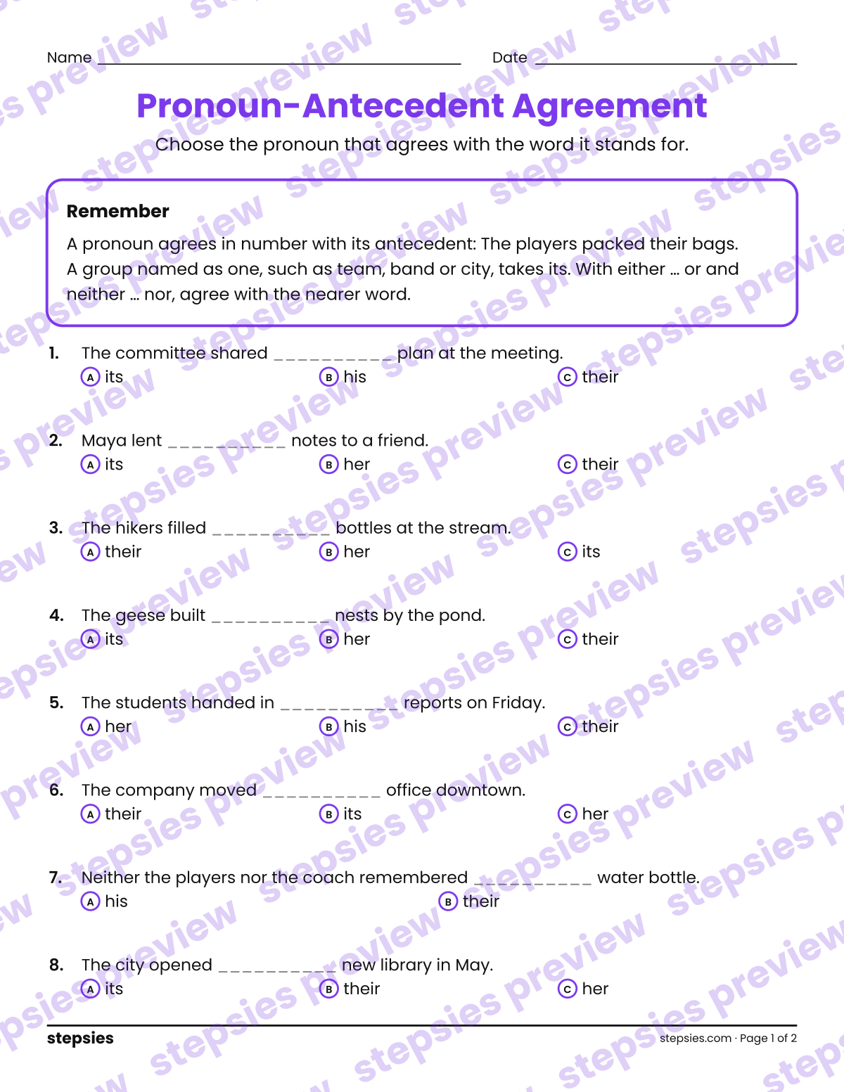 Pronoun-Antecedent Agreement: page 1 of a printable Grades 6–8 Language worksheet