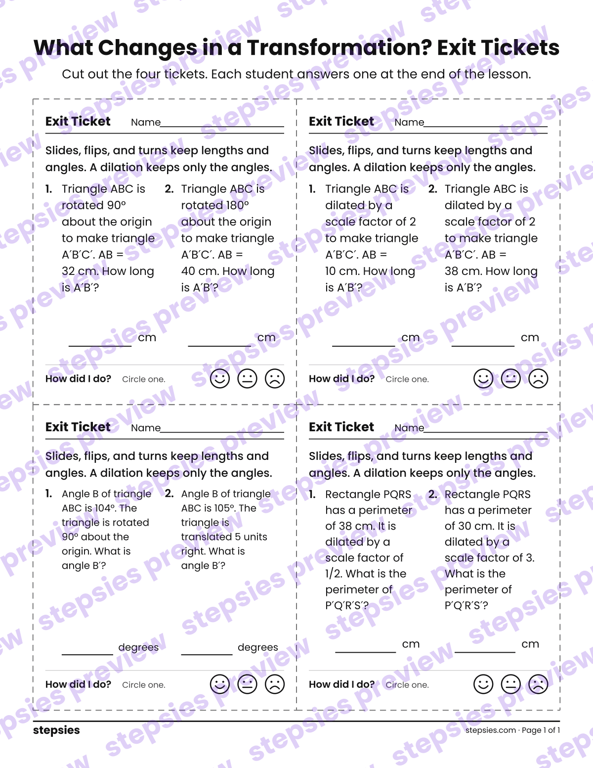 What Changes in a Transformation? Exit Tickets: page 1 of a printable Grade 8 Math worksheet