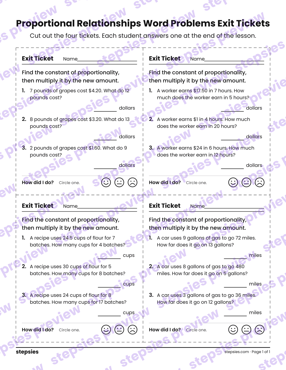 Proportional Relationships Word Problems Exit Tickets: page 1 of a printable Grade 7 Math worksheet