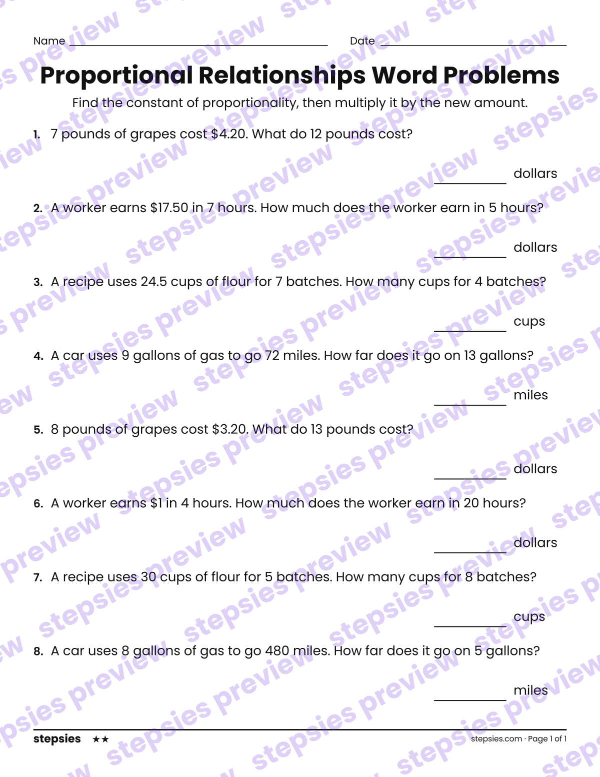 Proportional Relationships Word Problems: page 1 of a printable Grade 7 Math worksheet