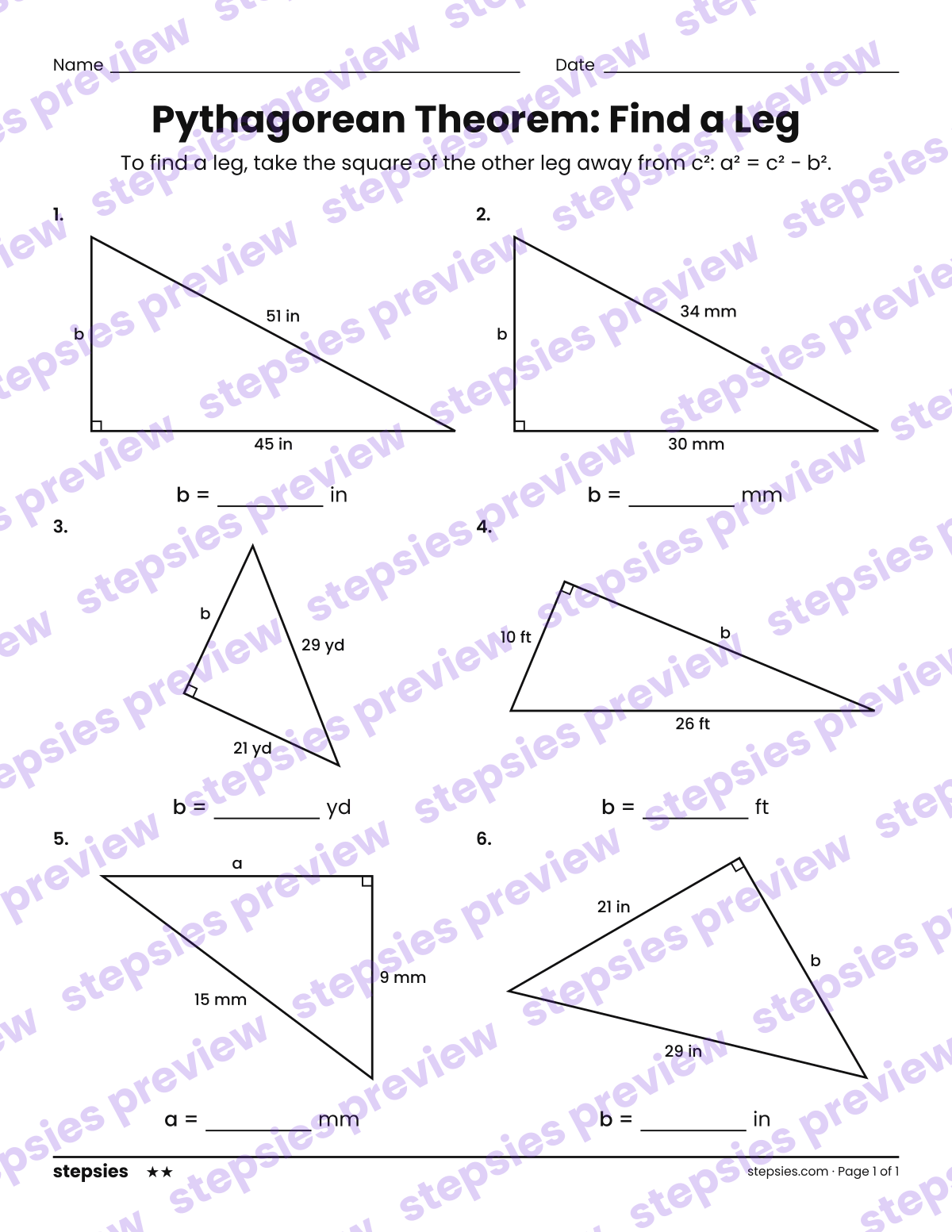Pythagorean Theorem: Find a Leg: page 1 of a printable Grade 8 Math worksheet