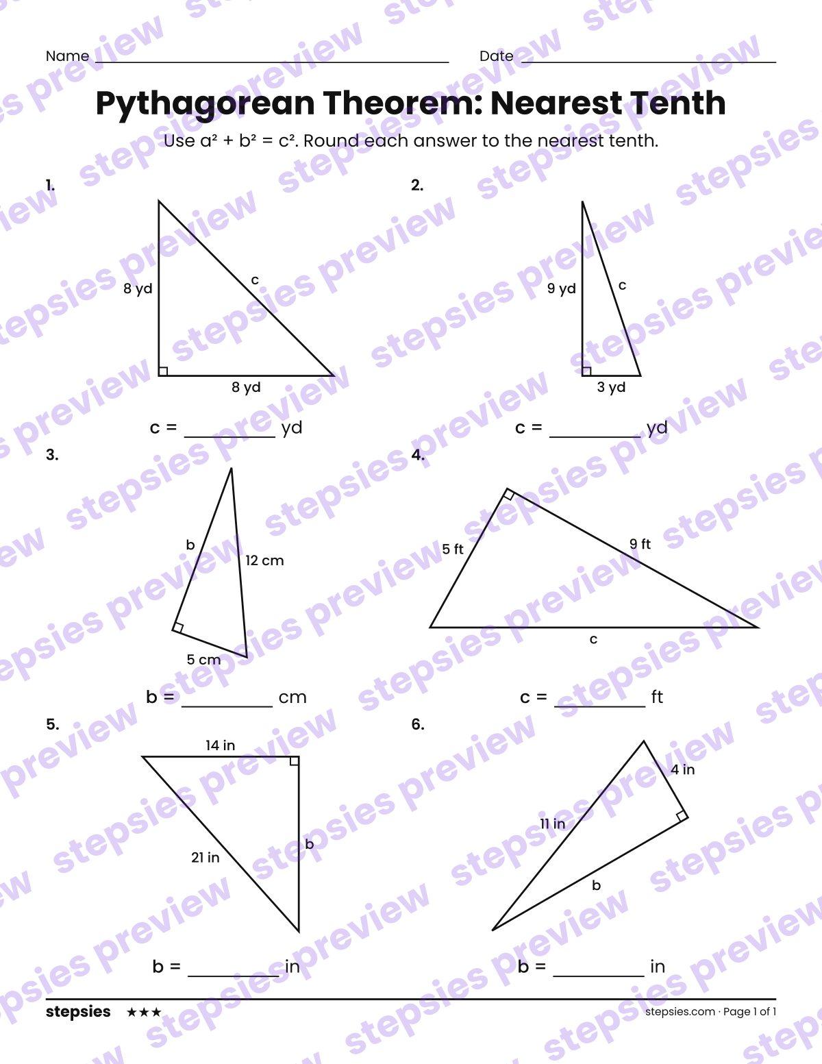 Pythagorean Theorem: Nearest Tenth: page 1 of a printable Grade 8 Math worksheet