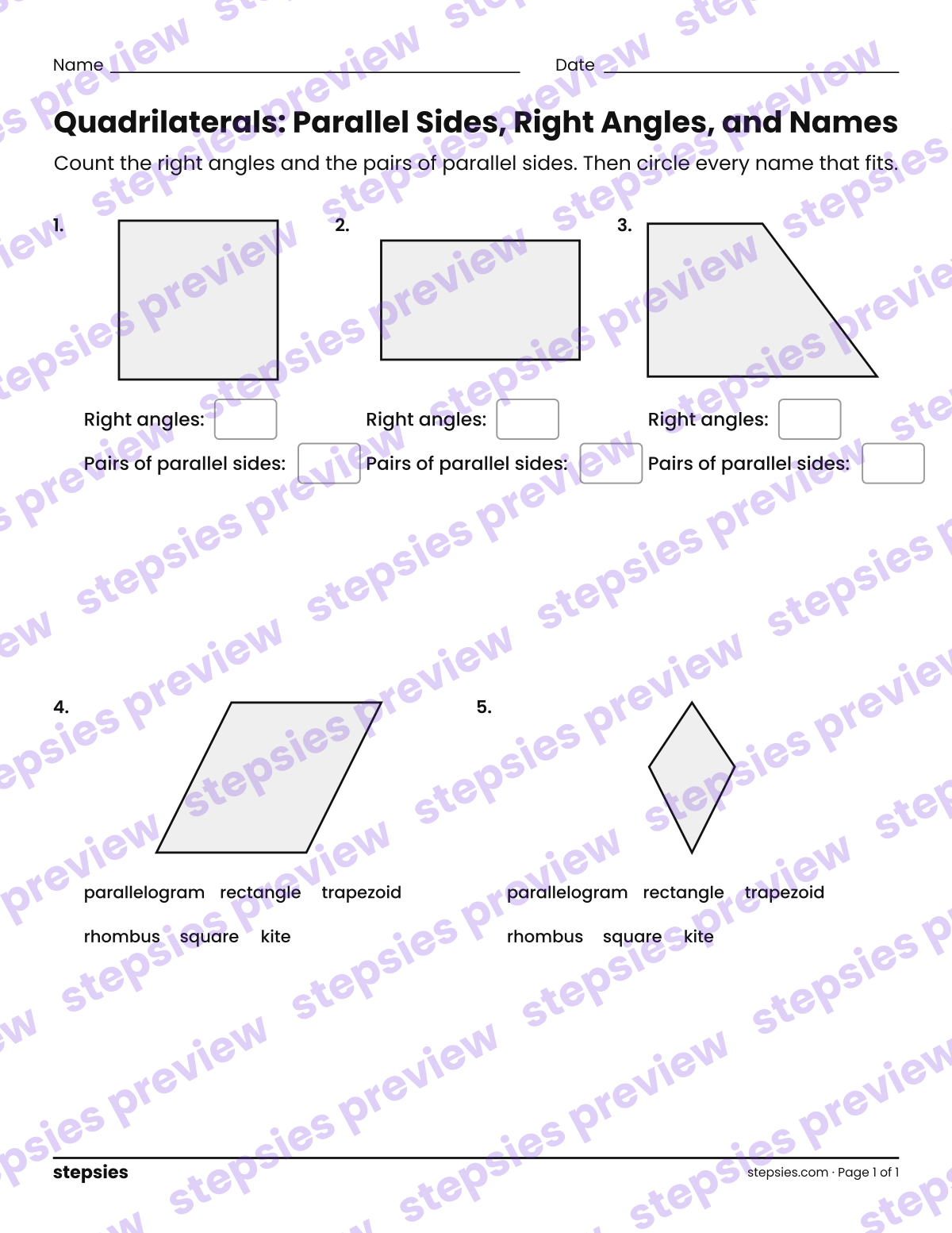 Quadrilaterals: Parallel Sides, Right Angles, and Names: page 1 of a printable Grade 4 Math worksheet