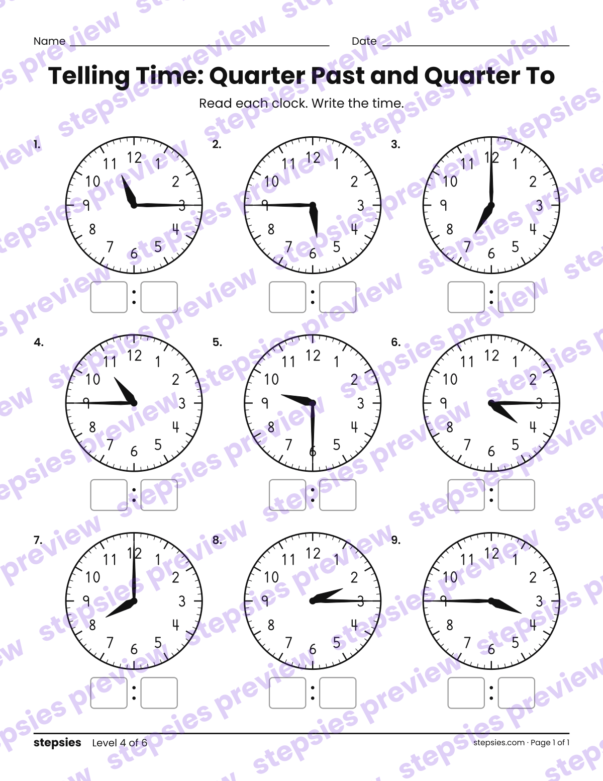 Telling Time: Quarter Past and Quarter To: page 1 of a printable Grades 2 and 3 Math worksheet
