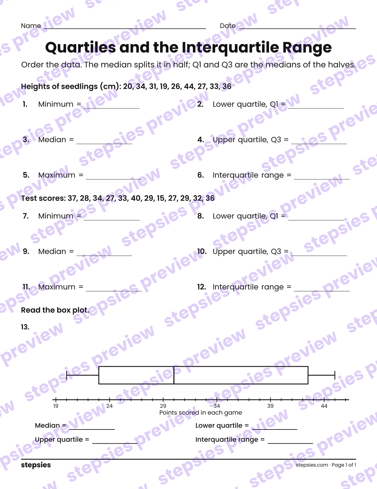 Quartiles and the Interquartile Range: page 1 of a printable Grade 8 Math worksheet