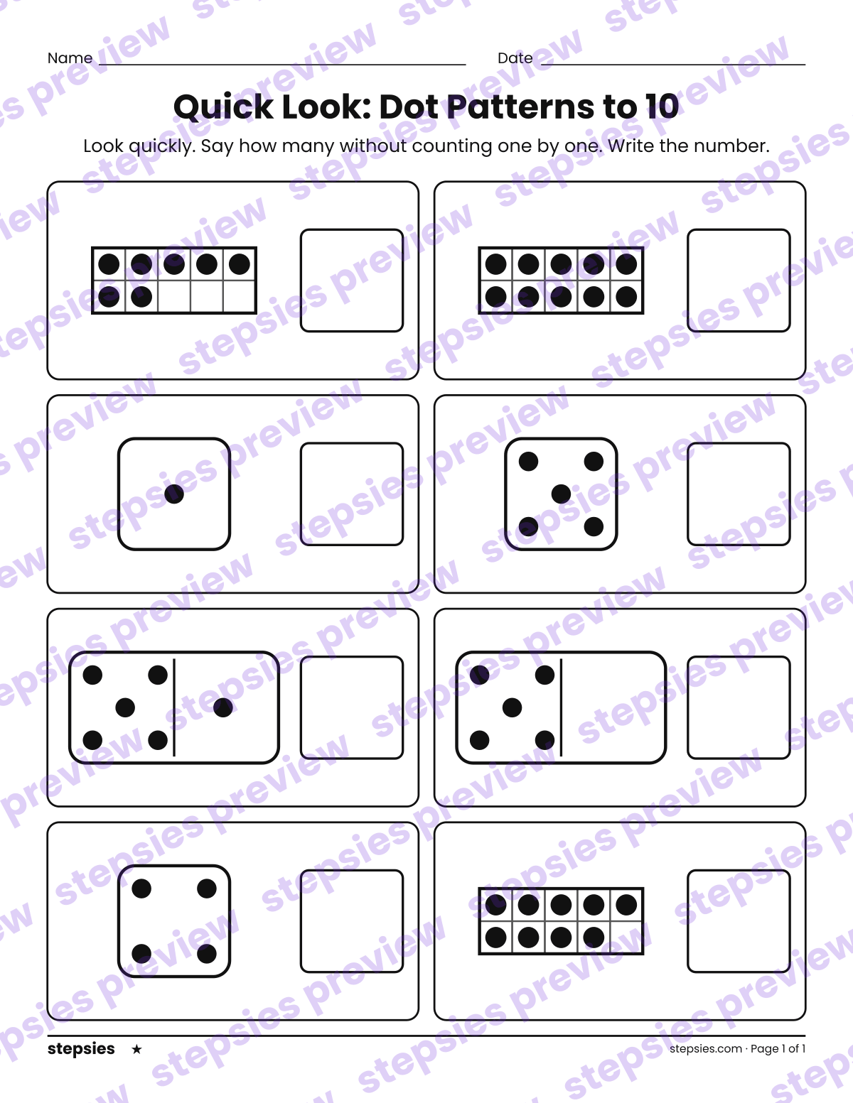 Quick Look: Dot Patterns to 10: page 1 of a printable Grade 1 Math worksheet