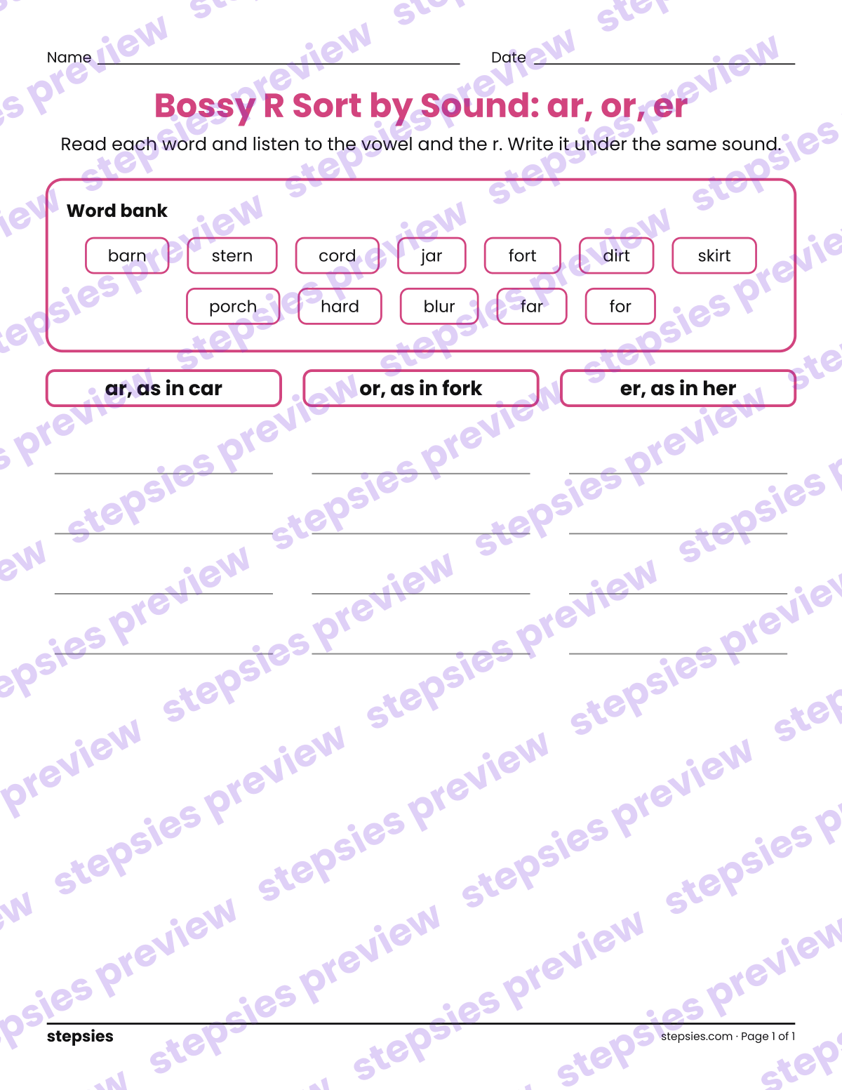 Bossy R Sort by Sound: ar, or, er: page 1 of a printable Grades 1 and 2 Language worksheet