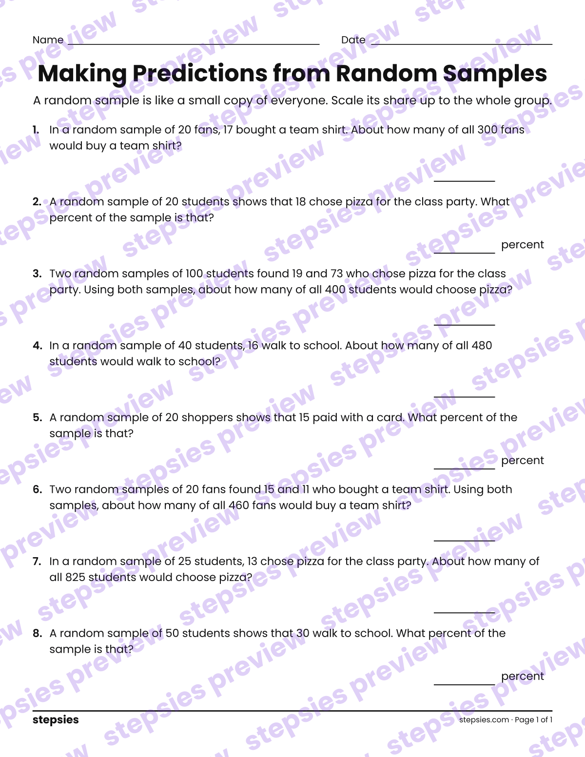 Making Predictions from Random Samples: page 1 of a printable Grade 7 Math worksheet
