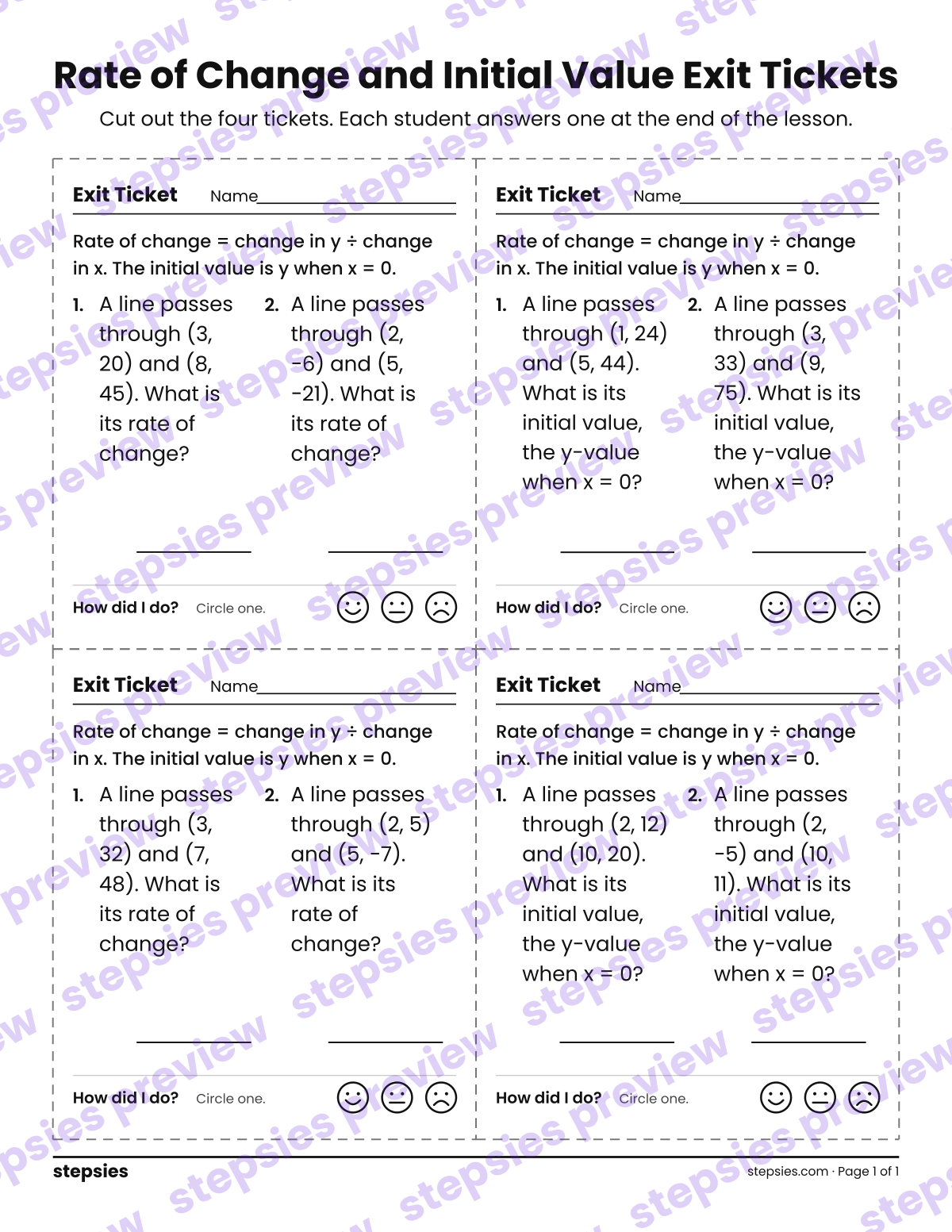 Rate of Change and Initial Value Exit Tickets: page 1 of a printable Grade 8 Math worksheet