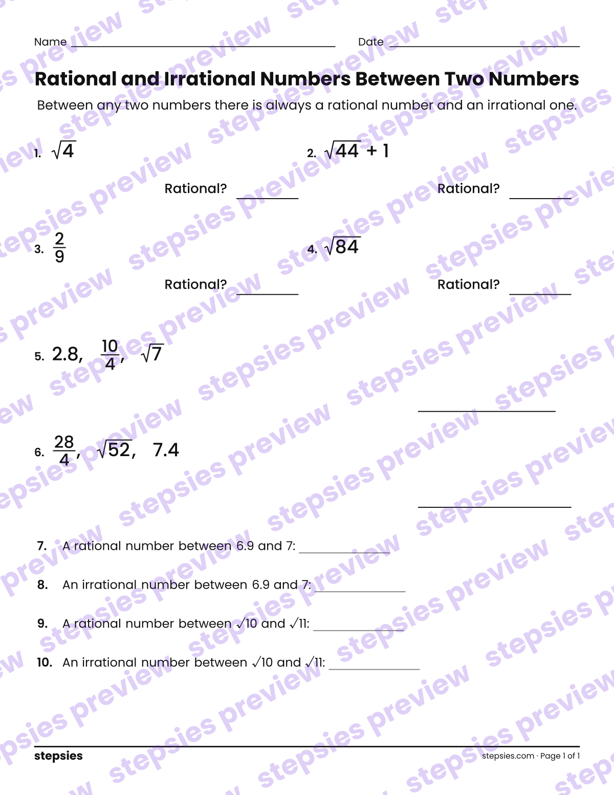 Rational and Irrational Numbers Between Two Numbers: page 1 of a printable Grade 8 Math worksheet