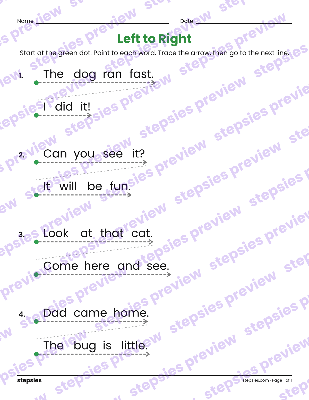 Read Left to Right: page 1 of a printable Kindergarten Language worksheet