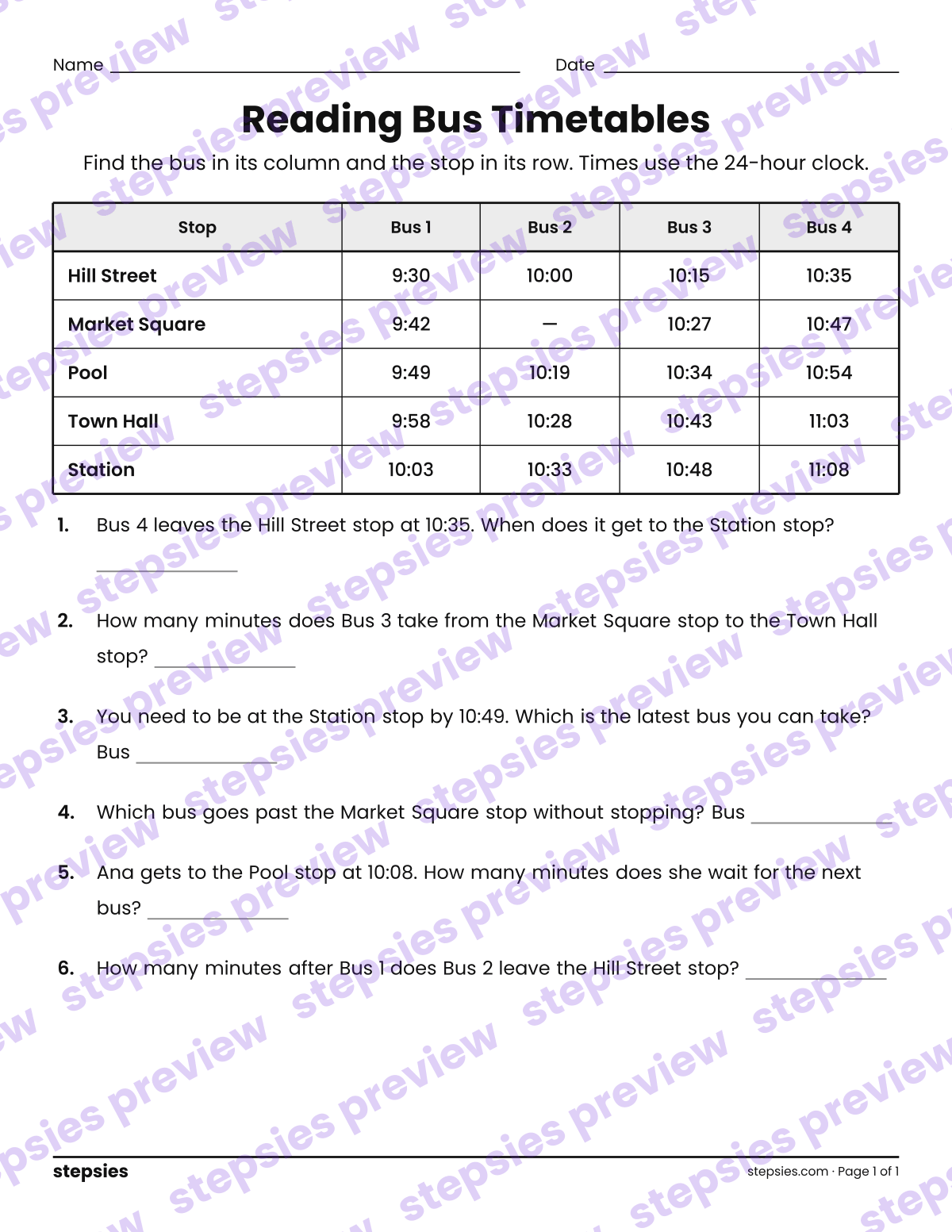 Reading Bus Timetables: page 1 of a printable Grades 5–7 Math worksheet