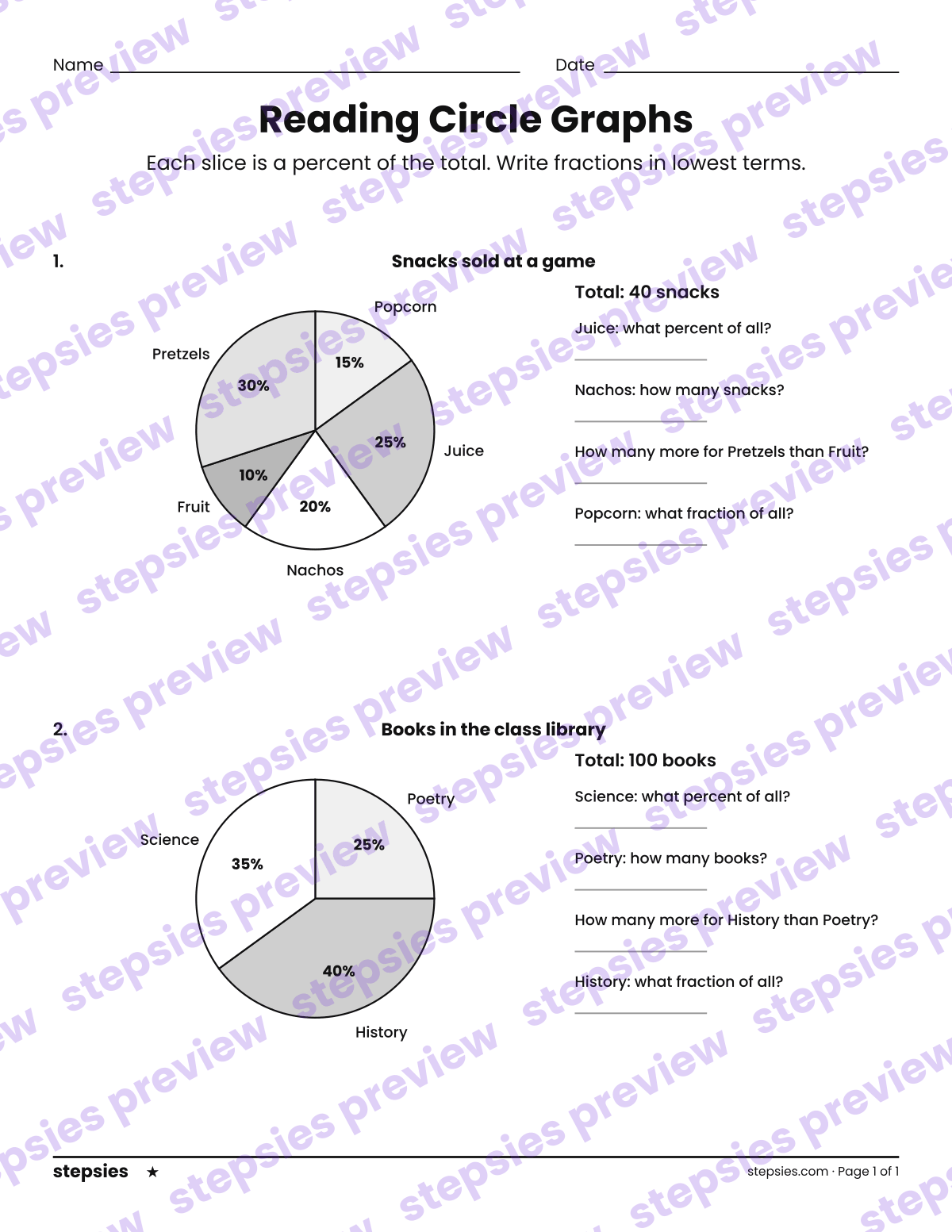 Reading Circle Graphs: page 1 of a printable Grade 7 Math worksheet