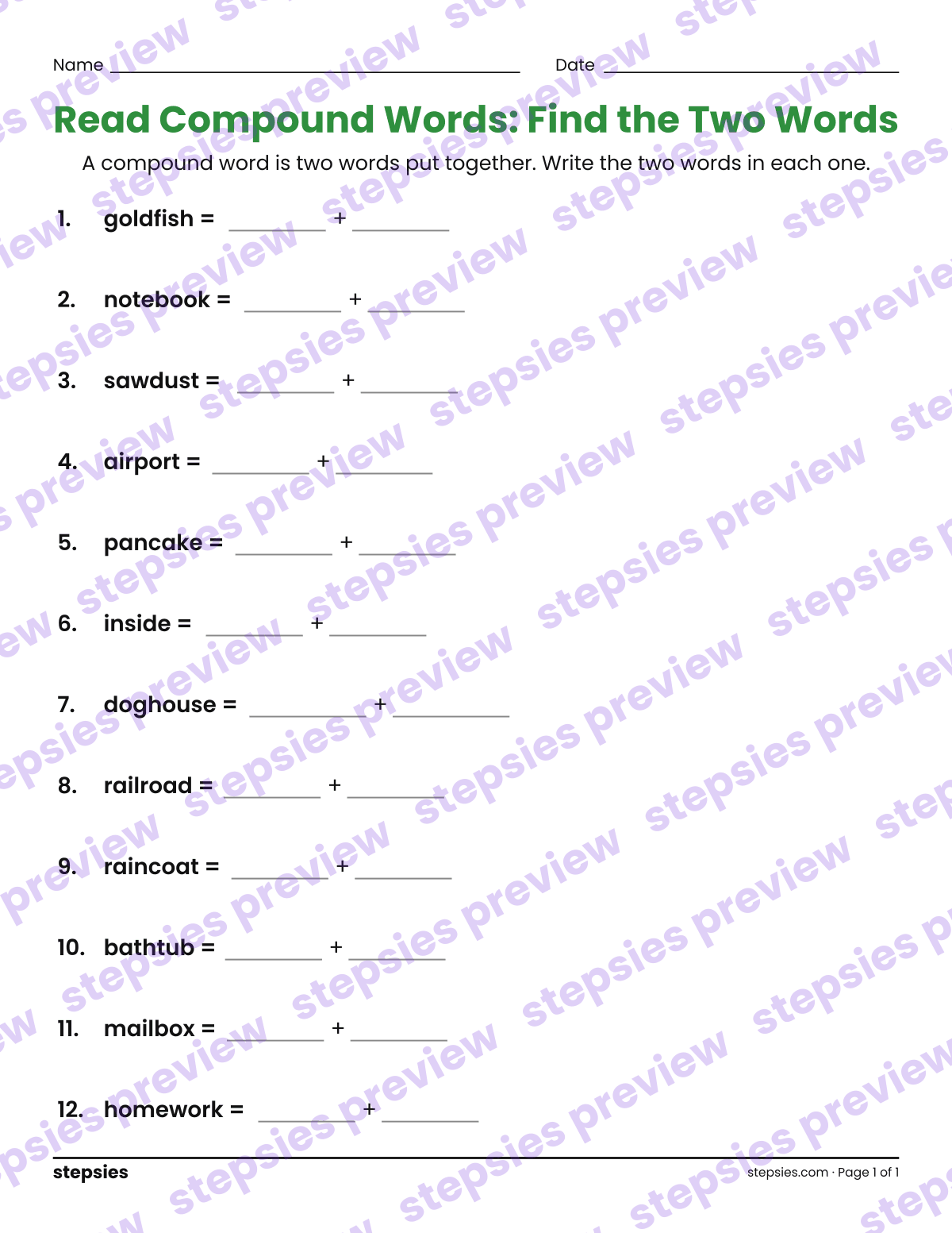 Read Compound Words: Find the Two Words: page 1 of a printable Grades 1–3 Language worksheet