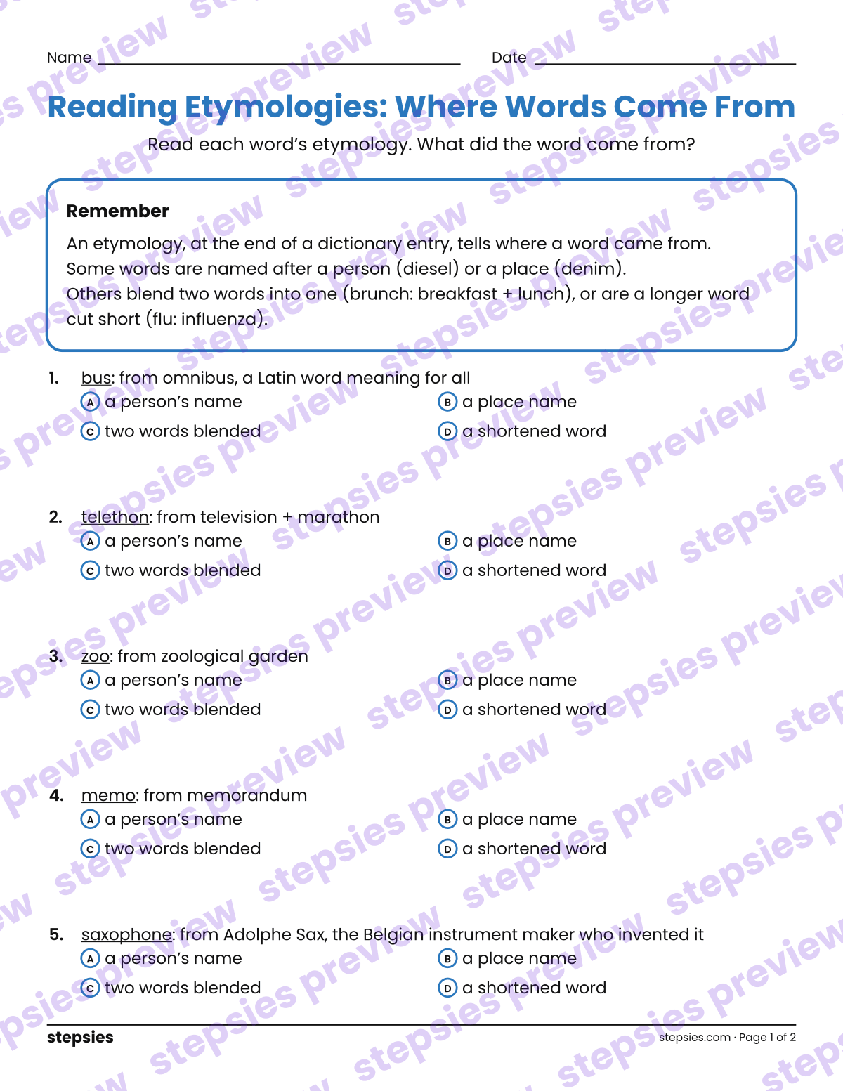 Reading Etymologies: Where Words Come From: page 1 of a printable Grades 7 and 8 Language worksheet