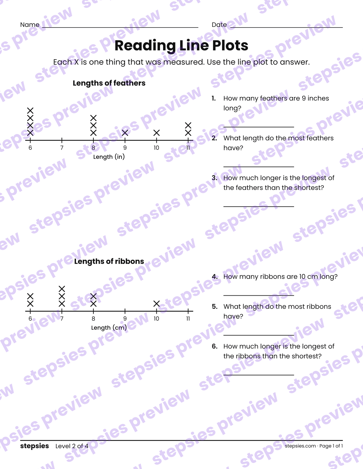Reading Line Plots: page 1 of a printable Grade 2 Math worksheet