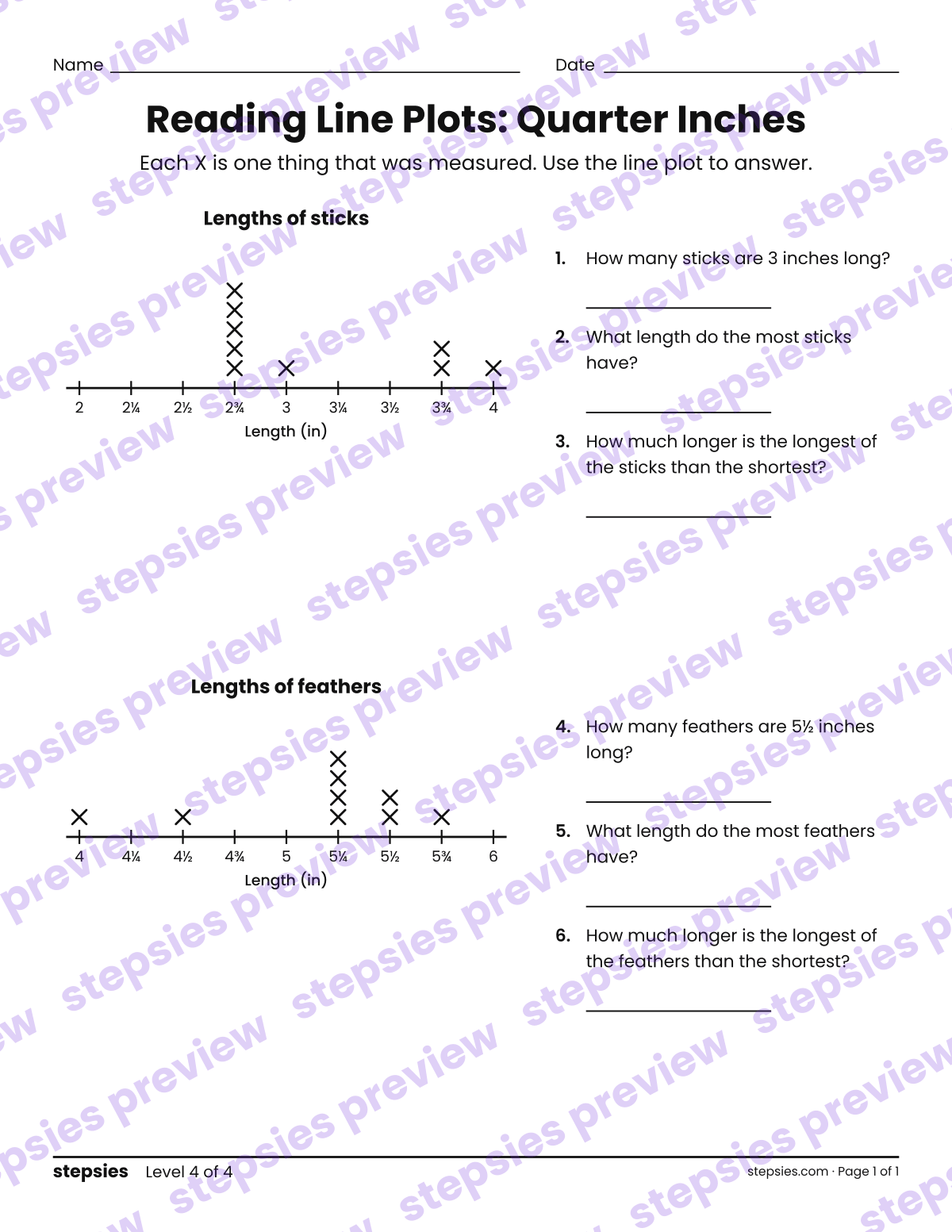 Reading Line Plots: Quarter Inches: page 1 of a printable Grade 3 Math worksheet