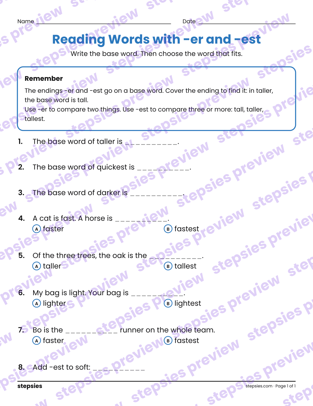 Reading Words with -er and -est: page 1 of a printable Grade 1 Language worksheet