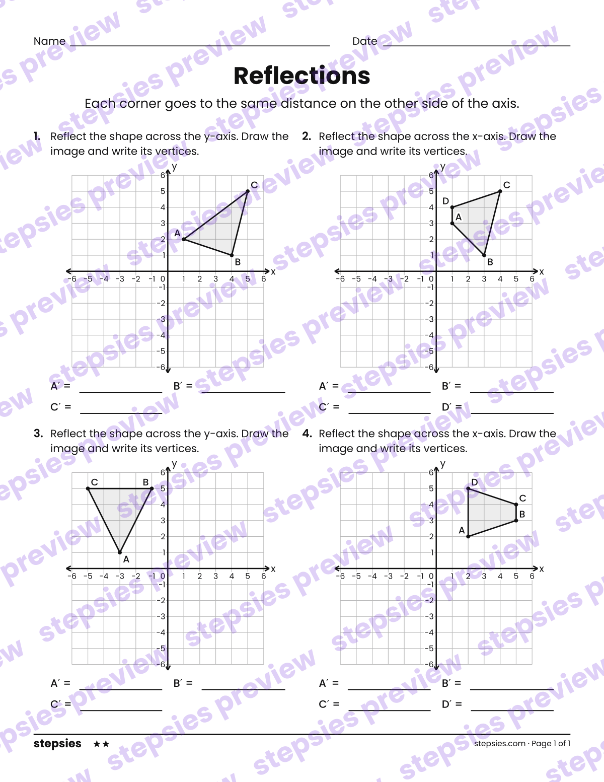 Reflections: page 1 of a printable Grade 8 Math worksheet