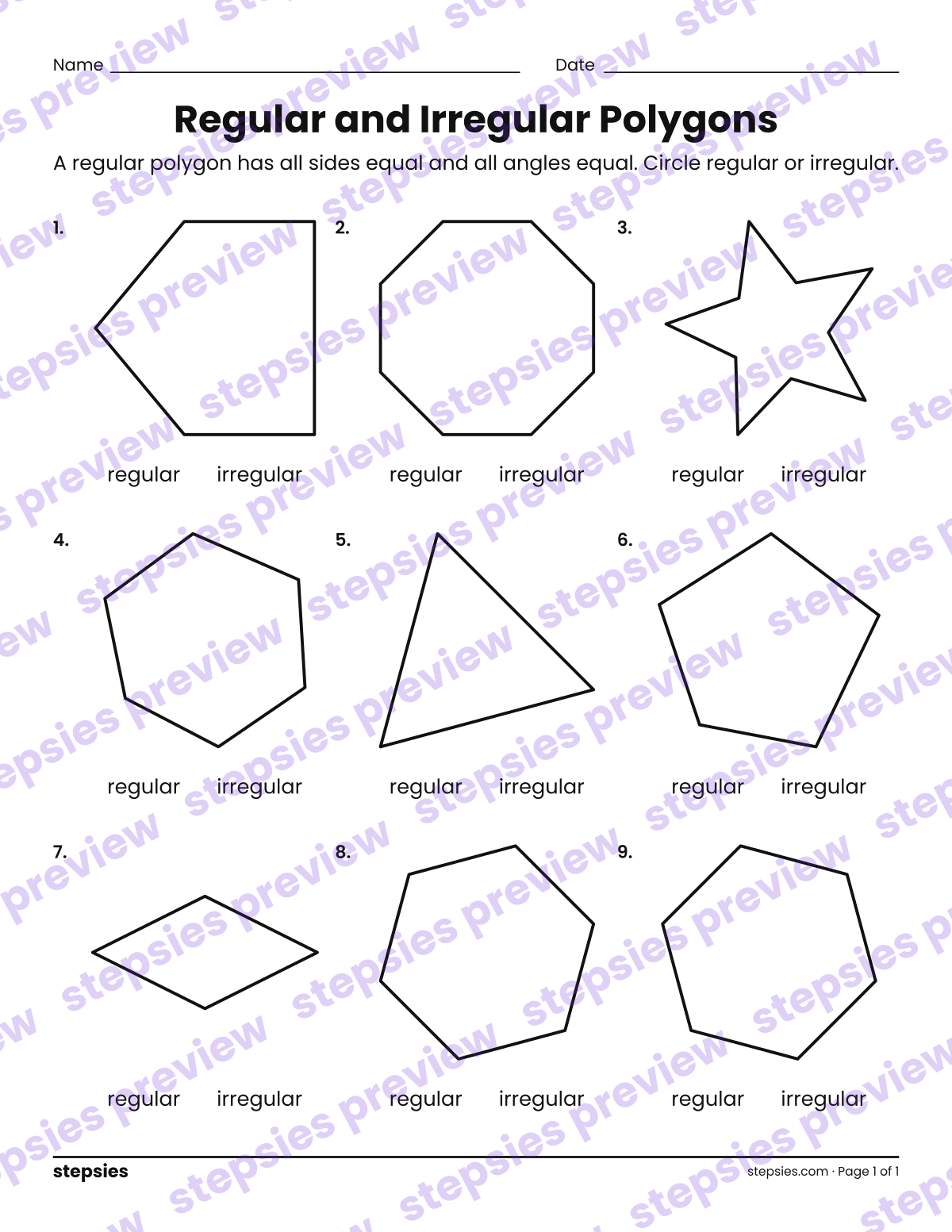 Regular and Irregular Polygons: page 1 of a printable Grades 4 and 5 Math worksheet