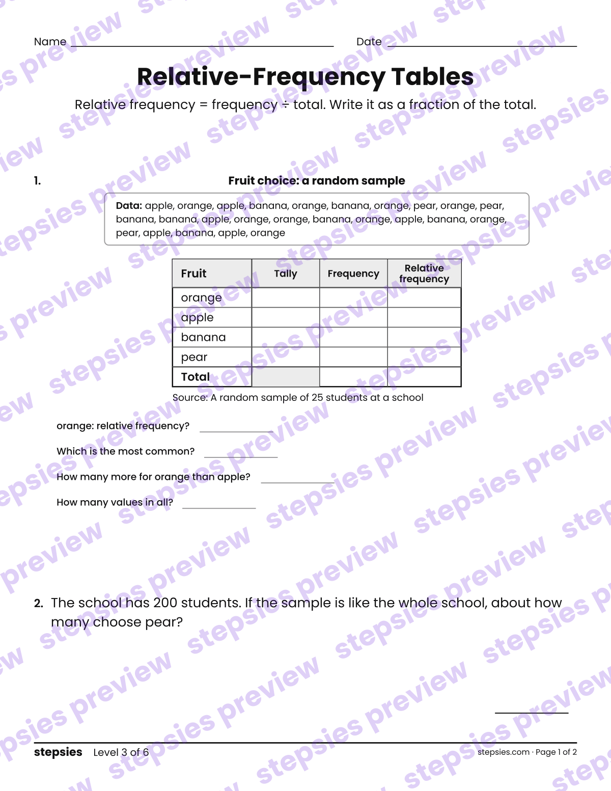 Relative-Frequency Tables: page 1 of a printable Grade 5 Math worksheet