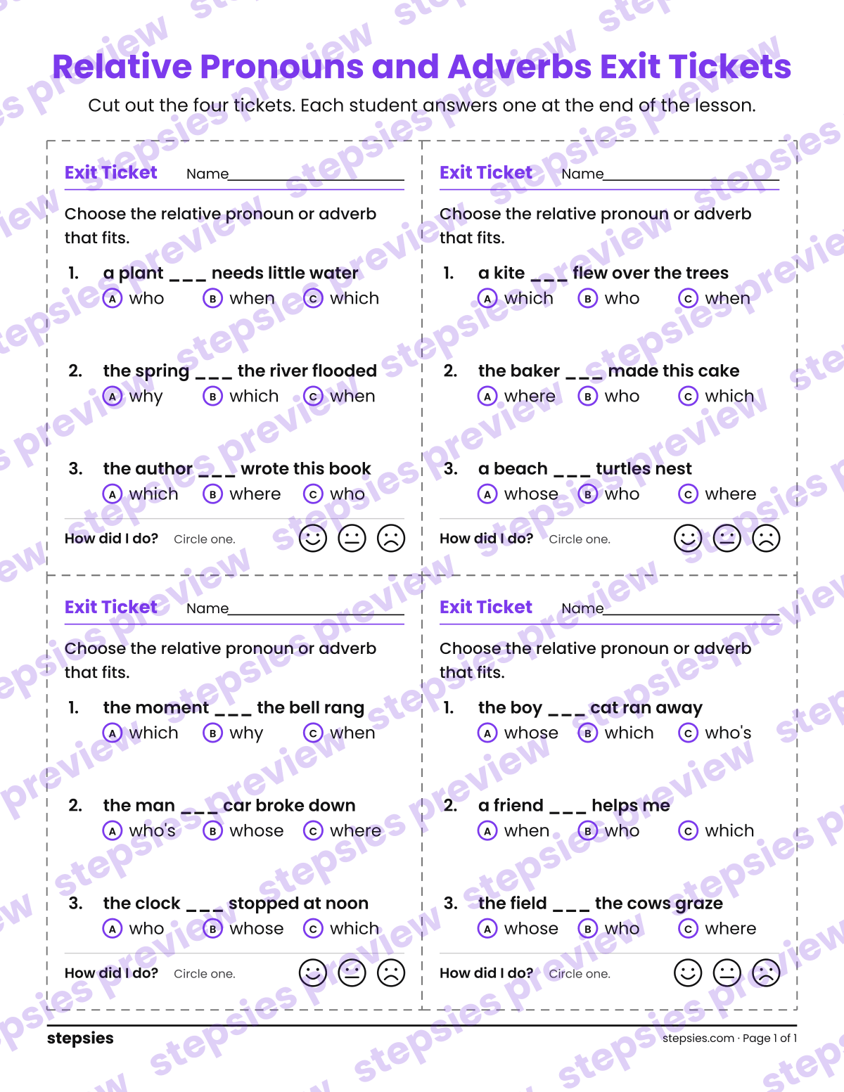 Relative Pronouns and Adverbs Exit Tickets: page 1 of a printable Grade 4 Language worksheet