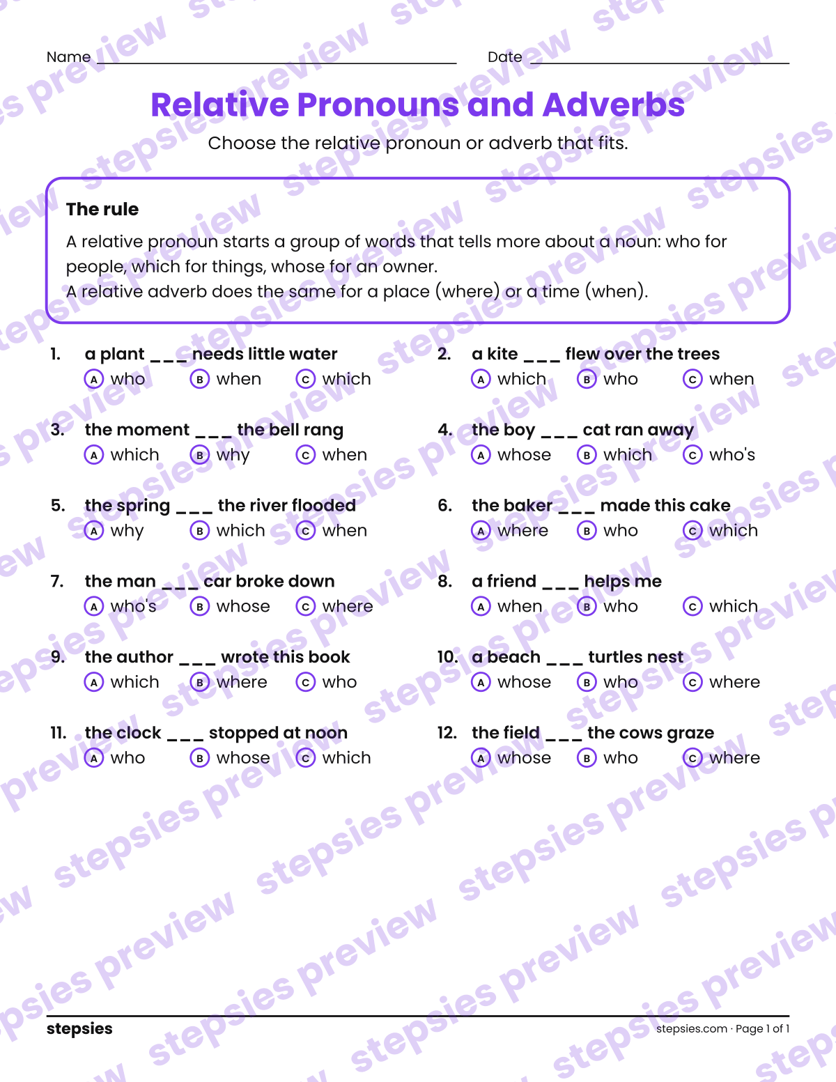 Relative Pronouns and Adverbs: page 1 of a printable Grade 4 Language worksheet