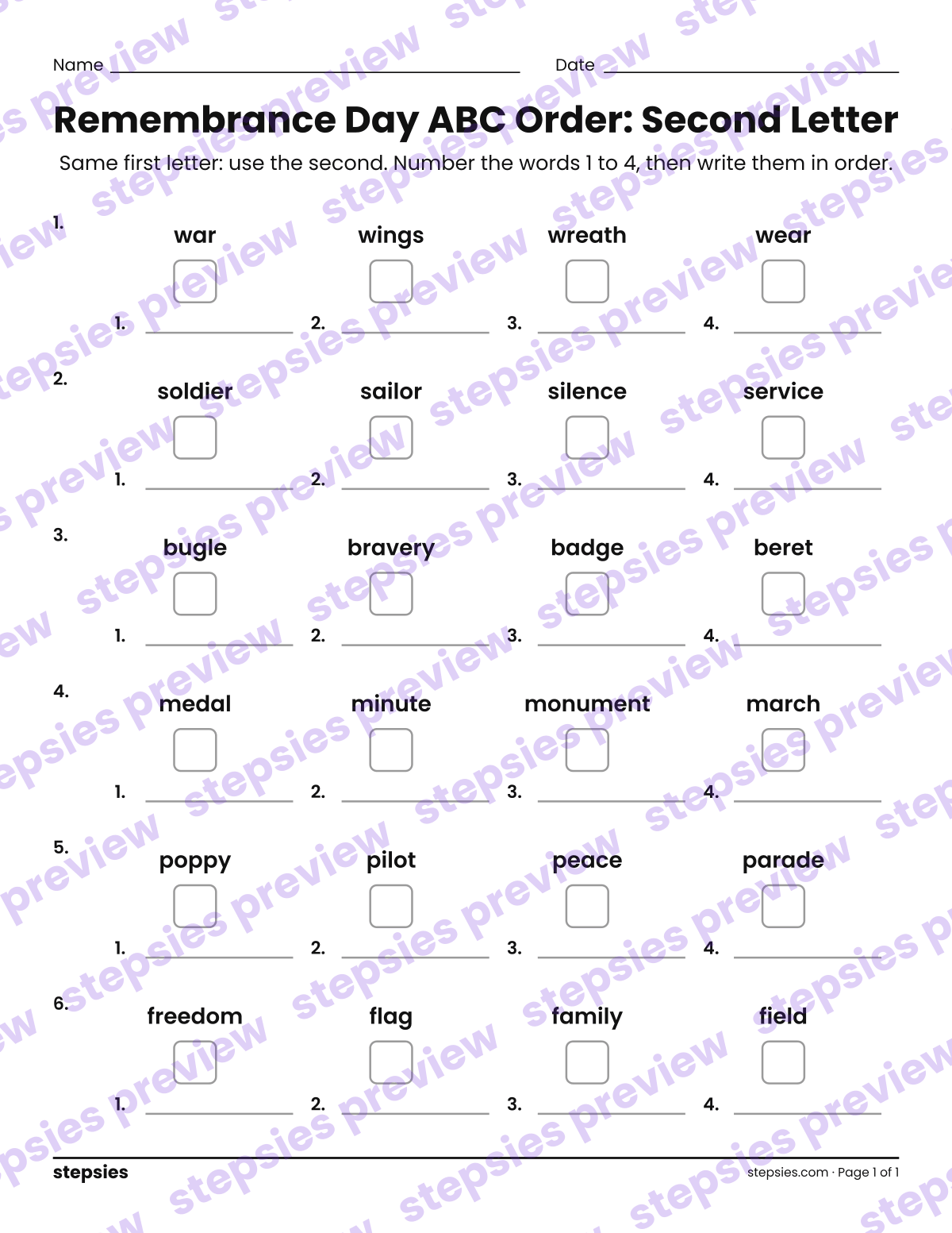 Remembrance Day ABC Order: Second Letter: page 1 of a printable Grades 1 and 2 Language worksheet