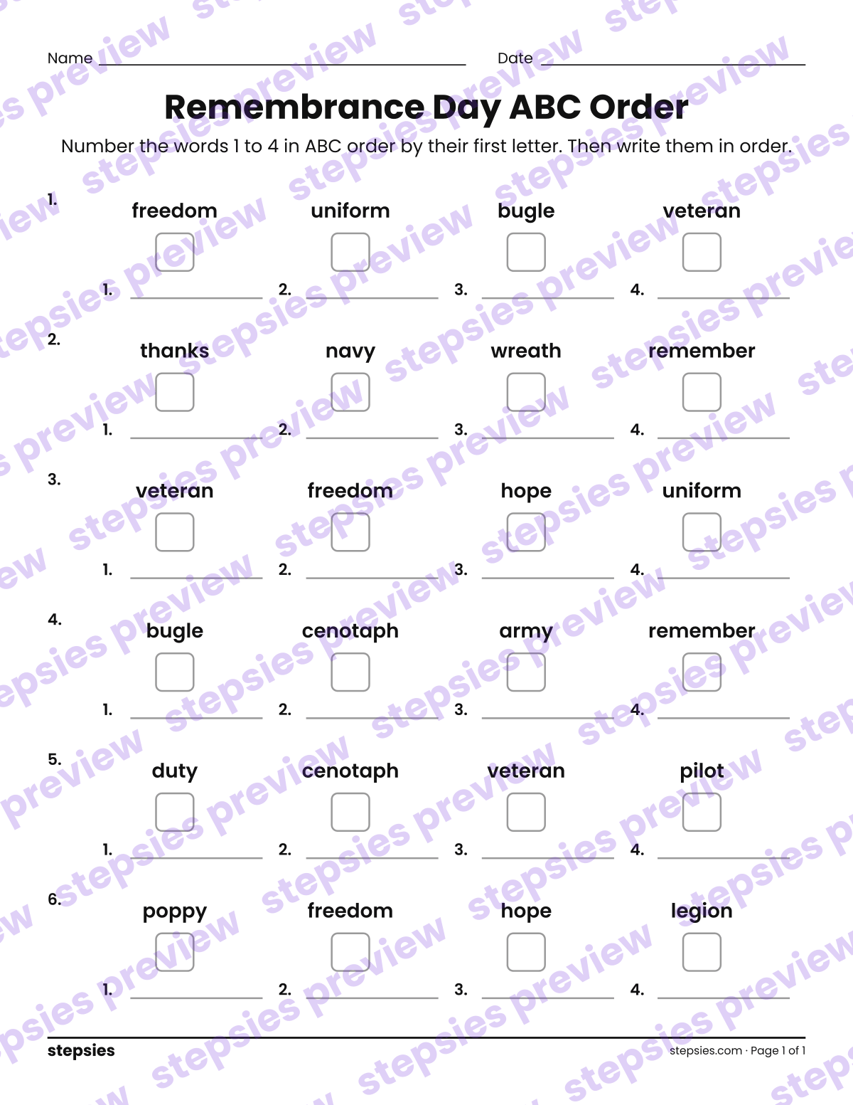 Remembrance Day ABC Order: page 1 of a printable Grades 1 and 2 Language worksheet