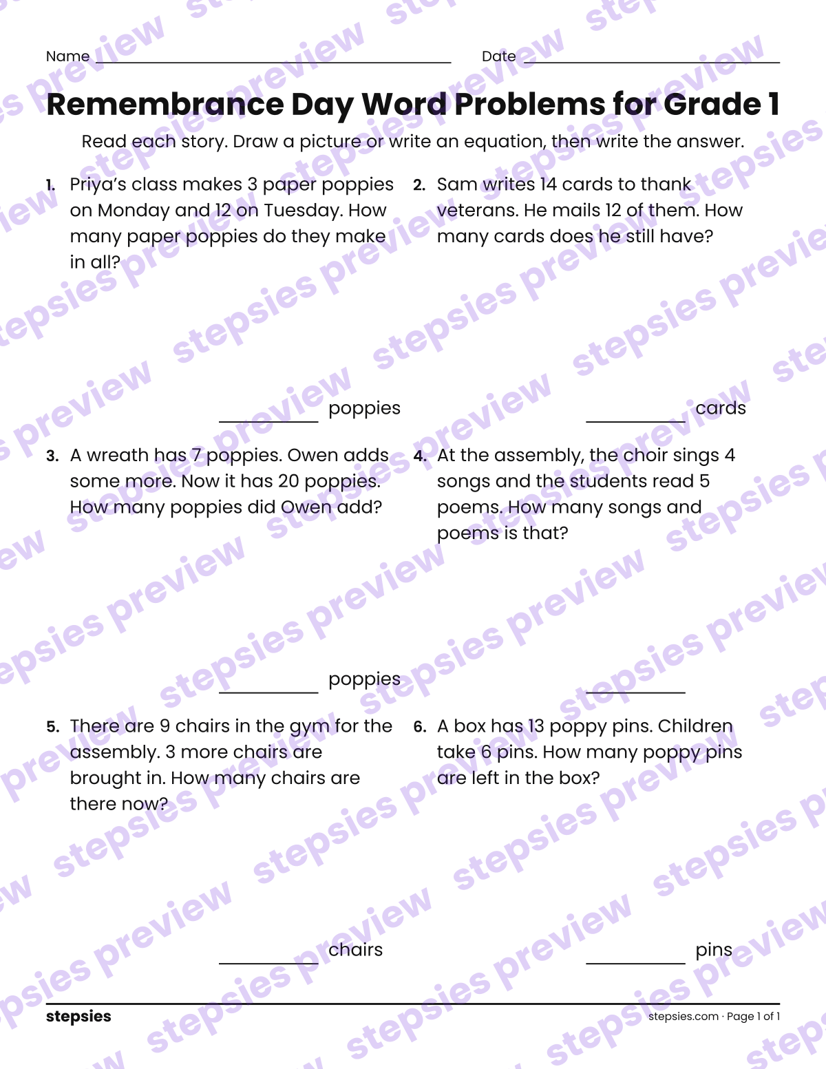 Remembrance Day Word Problems for Grade 1: page 1 of a printable Grade 1 Math worksheet