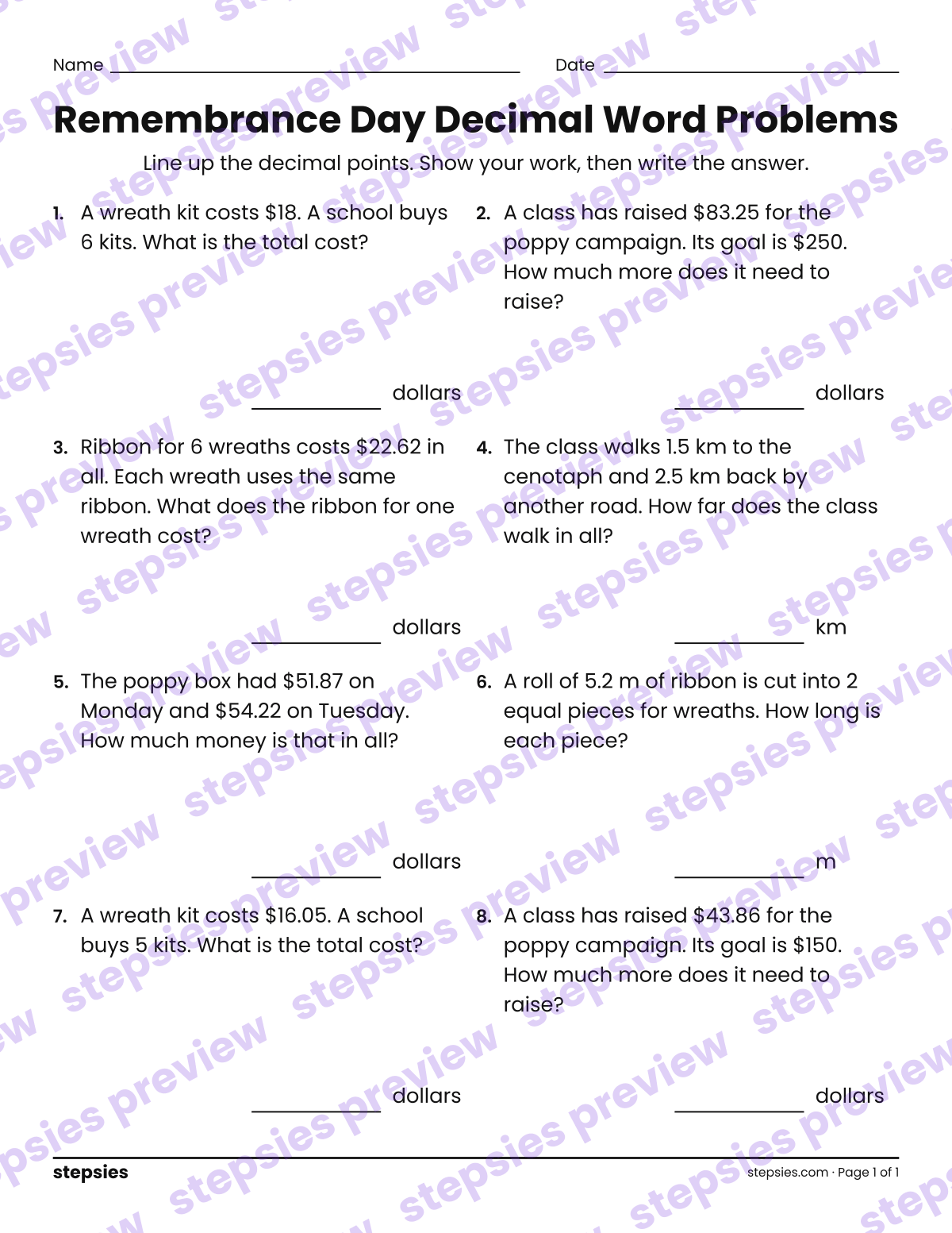 Remembrance Day Decimal Word Problems: page 1 of a printable Grade 5 Math worksheet