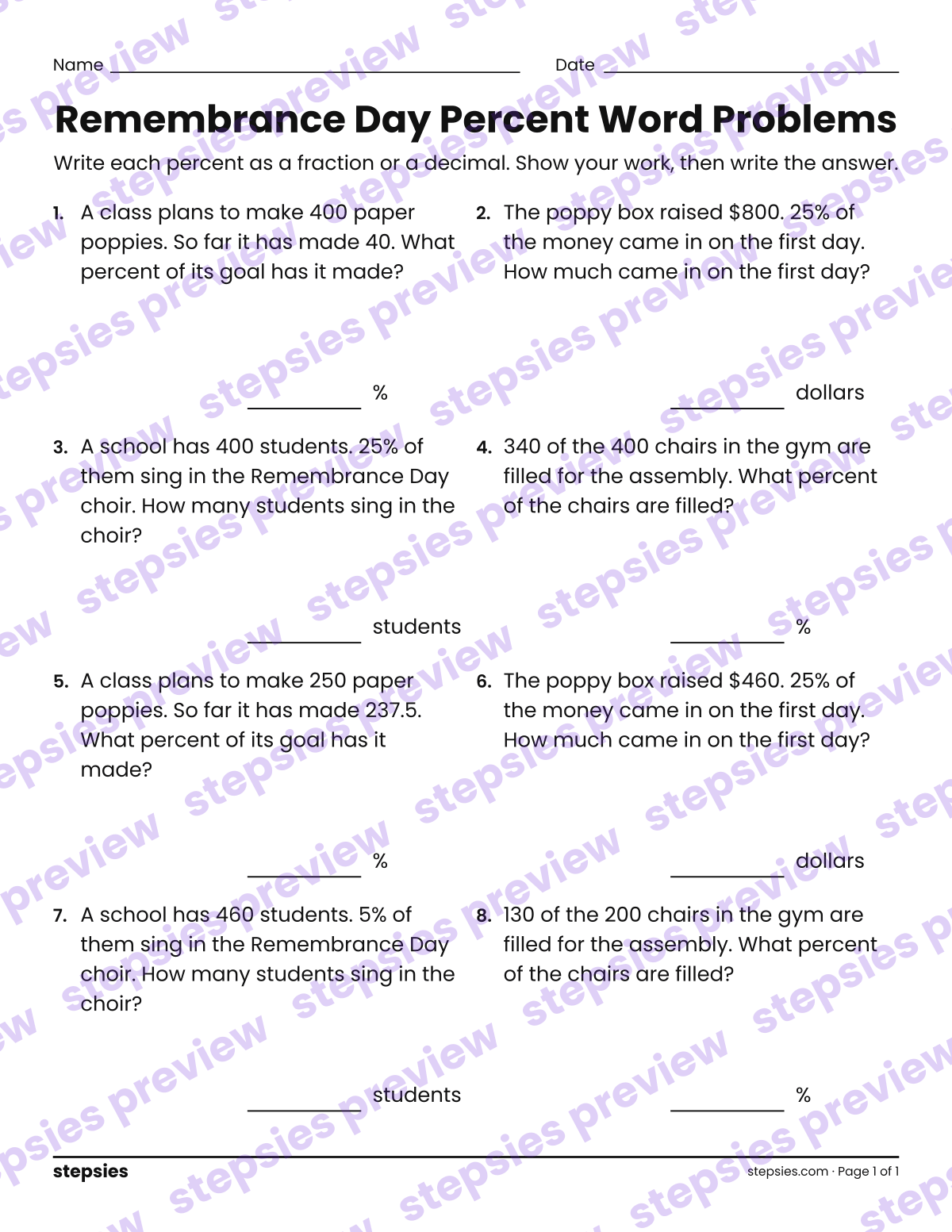 Remembrance Day Percent Word Problems: page 1 of a printable Grade 6 Math worksheet