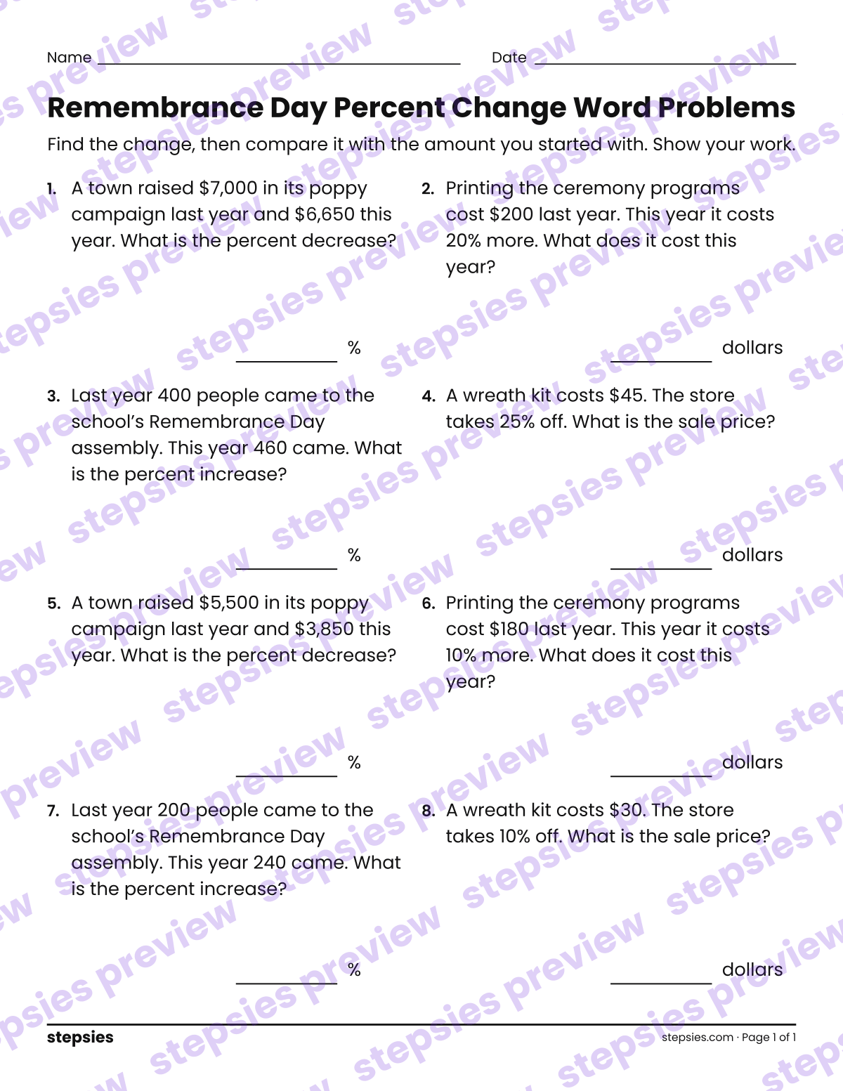 Remembrance Day Percent Change Word Problems: page 1 of a printable Grade 7 Math worksheet