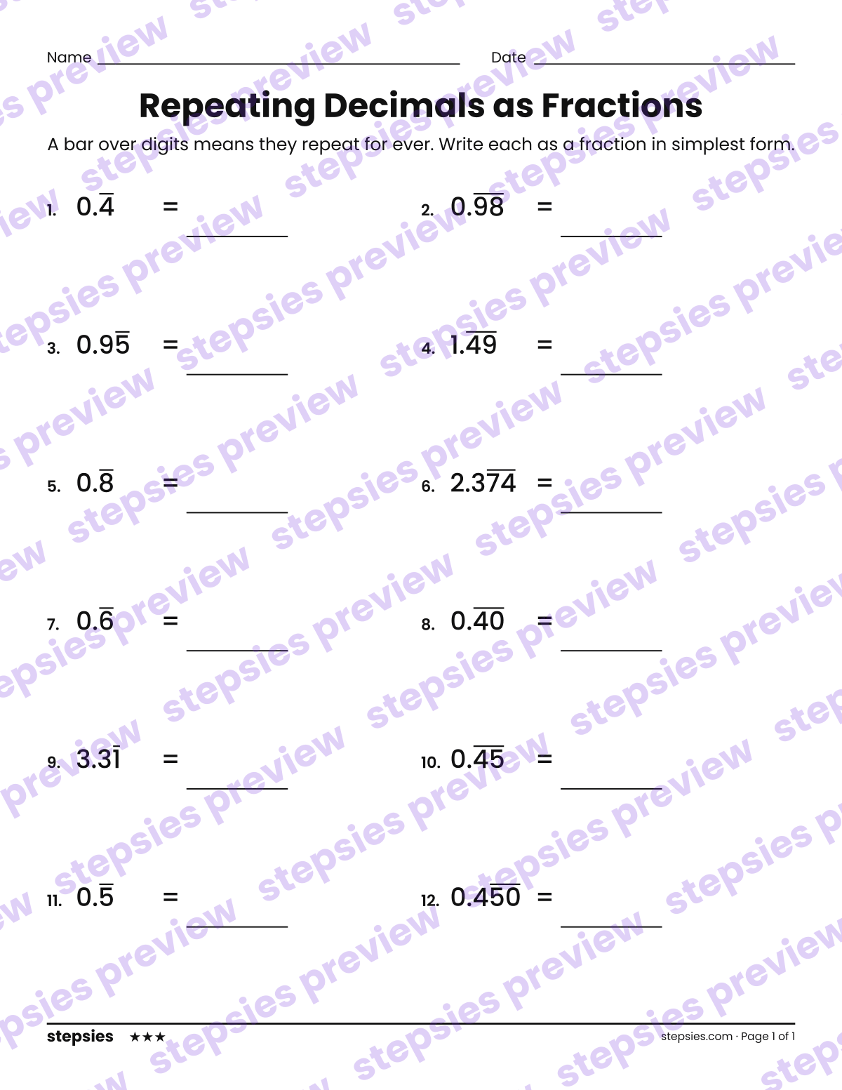 Repeating Decimals as Fractions: page 1 of a printable Grade 8 Math worksheet