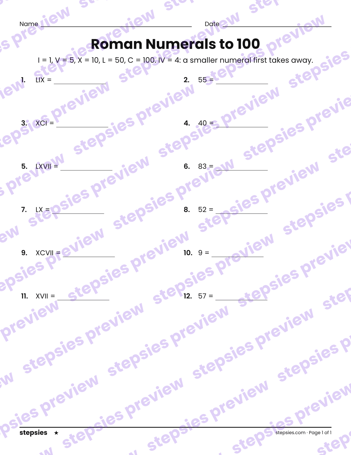 Roman Numerals to 100: page 1 of a printable Grades 3 and 4 Math worksheet