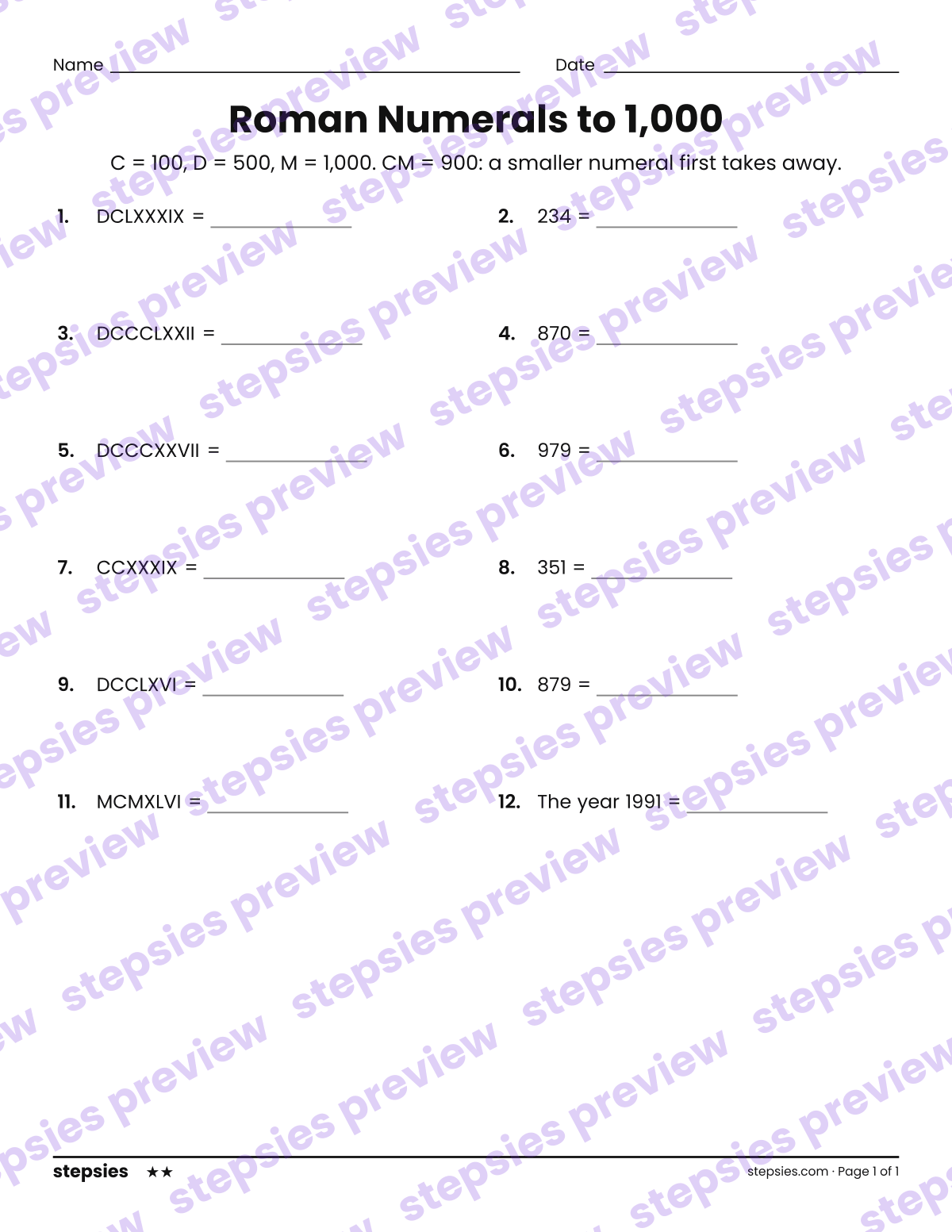 Roman Numerals to 1,000: page 1 of a printable Grades 4 and 5 Math worksheet