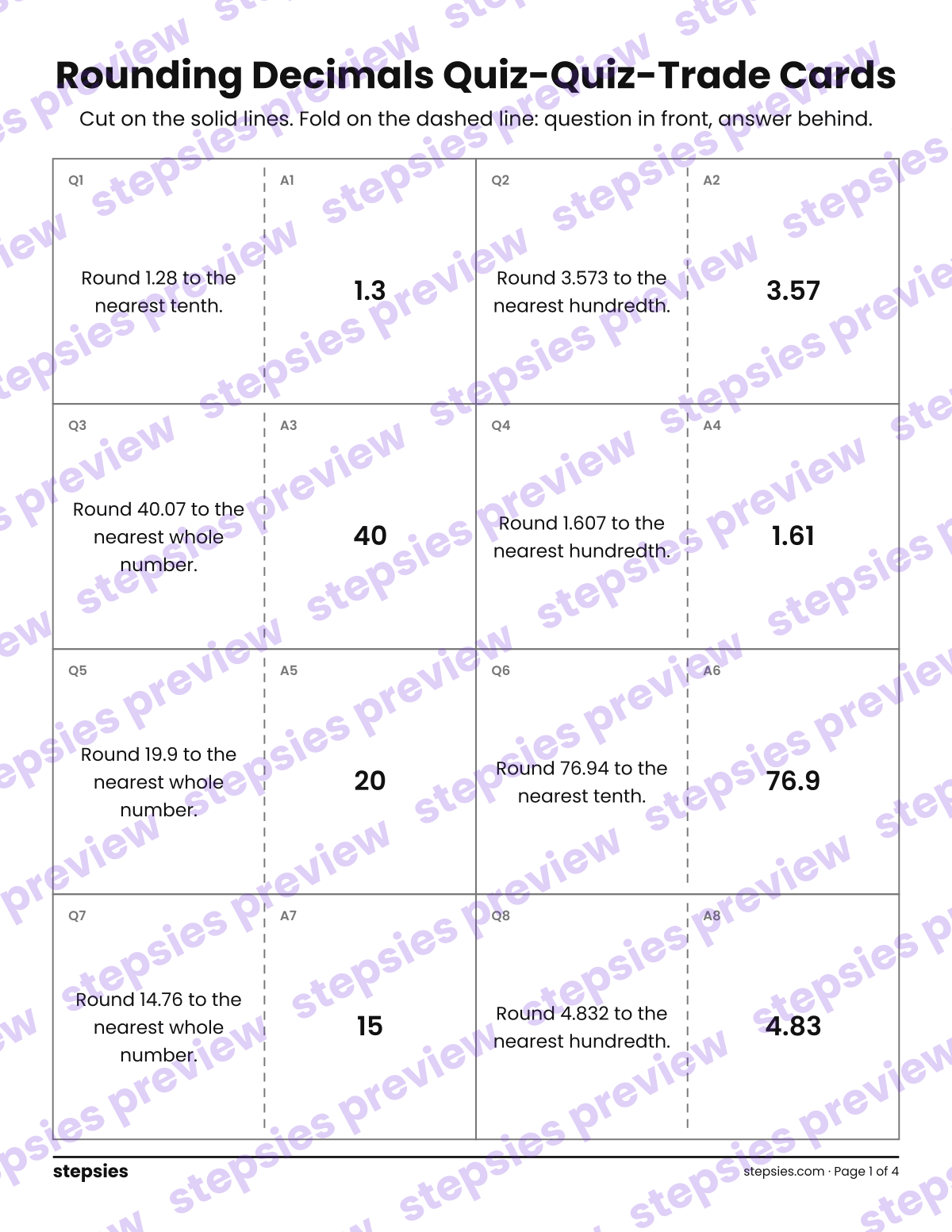 Rounding Decimals: Quiz-Quiz-Trade Cards: page 1 of a printable Grade 5 Math worksheet