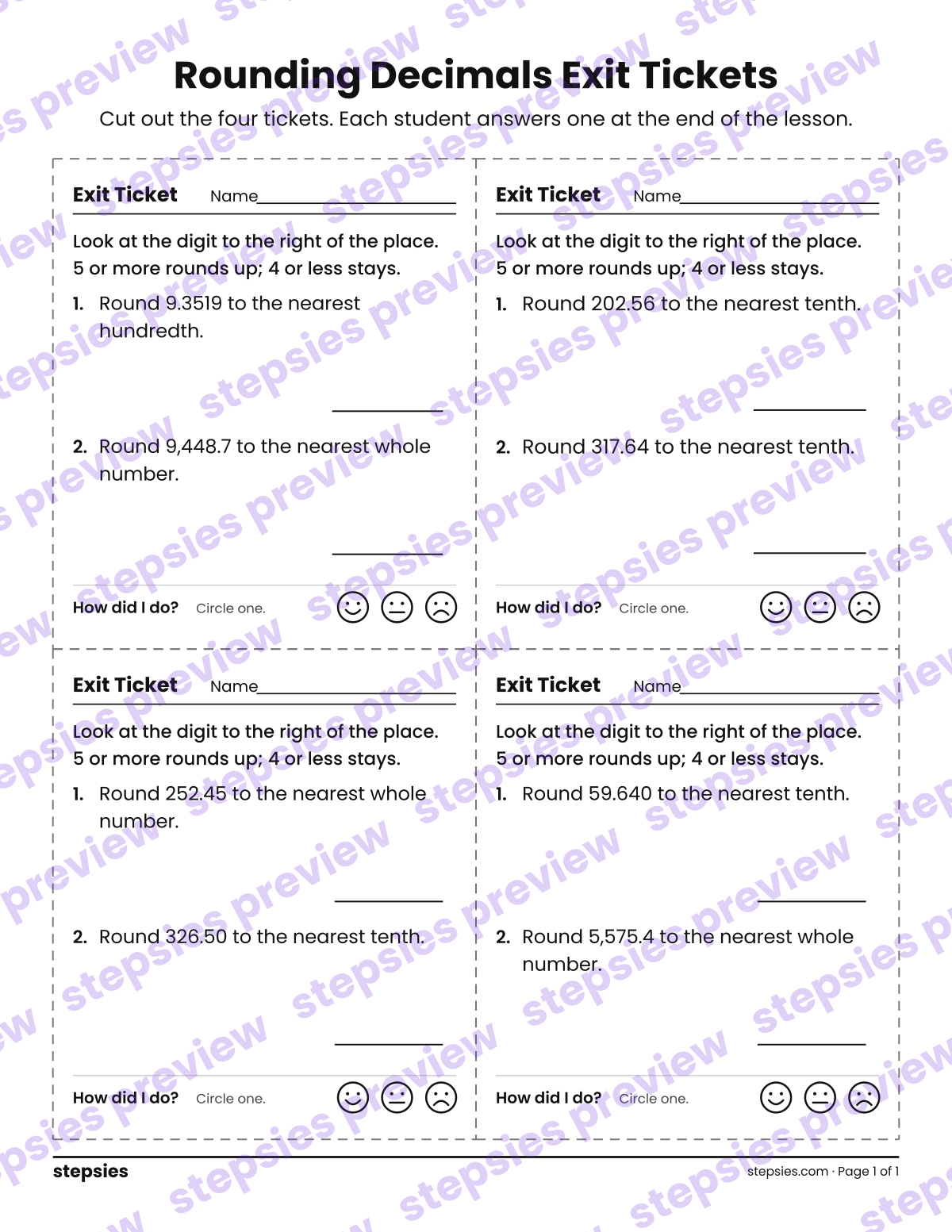 Rounding Decimals Exit Tickets: page 1 of a printable Grade 6 Math worksheet