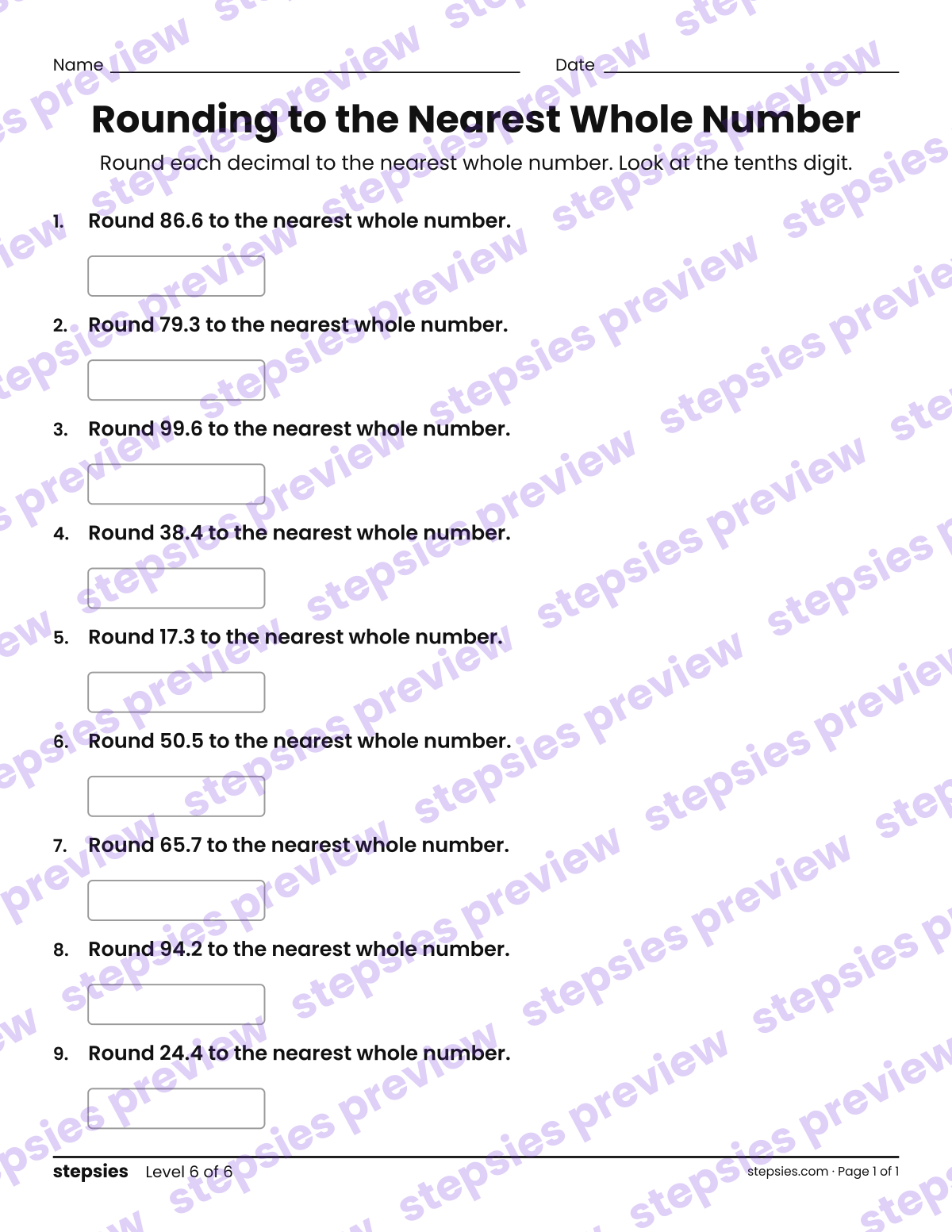 Rounding to the Nearest Whole Number: page 1 of a printable Grades 4 and 5 Math worksheet