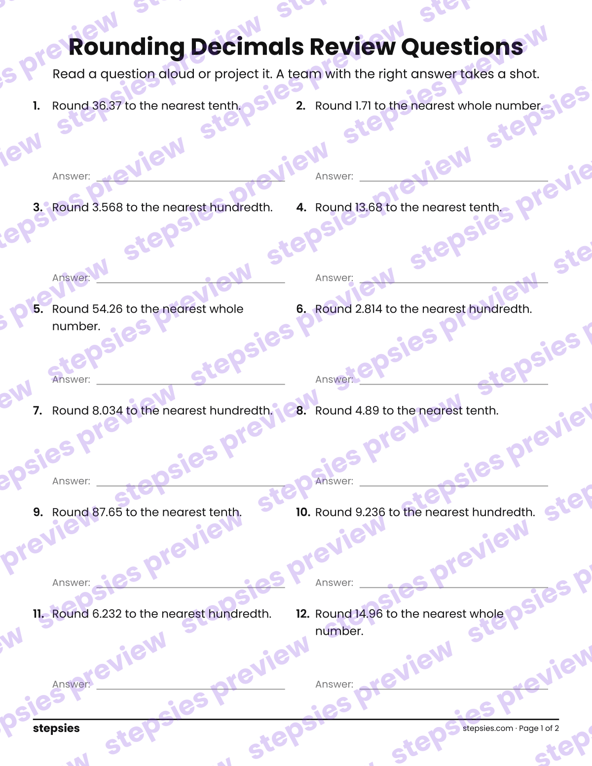 Rounding Decimals: Trashketball Review Questions: page 1 of a printable Grade 5 Math worksheet