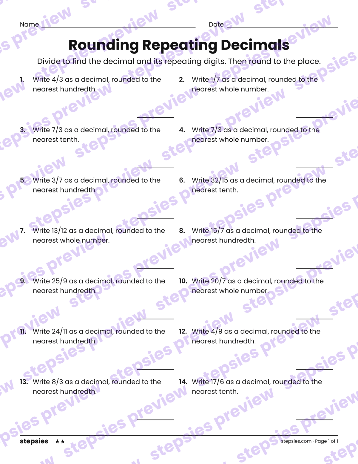 Rounding Repeating Decimals: page 1 of a printable Grade 7 Math worksheet