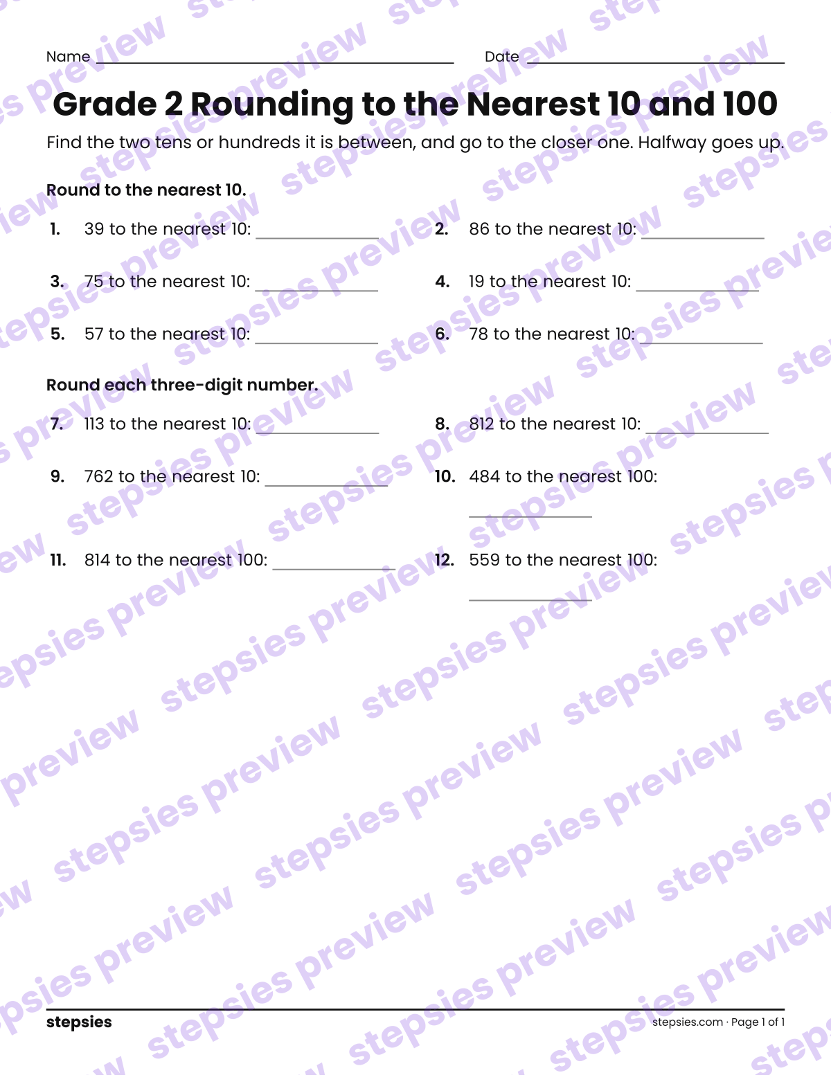 Grade 2 Rounding to the Nearest 10 and 100: page 1 of a printable Grade 2 Math worksheet