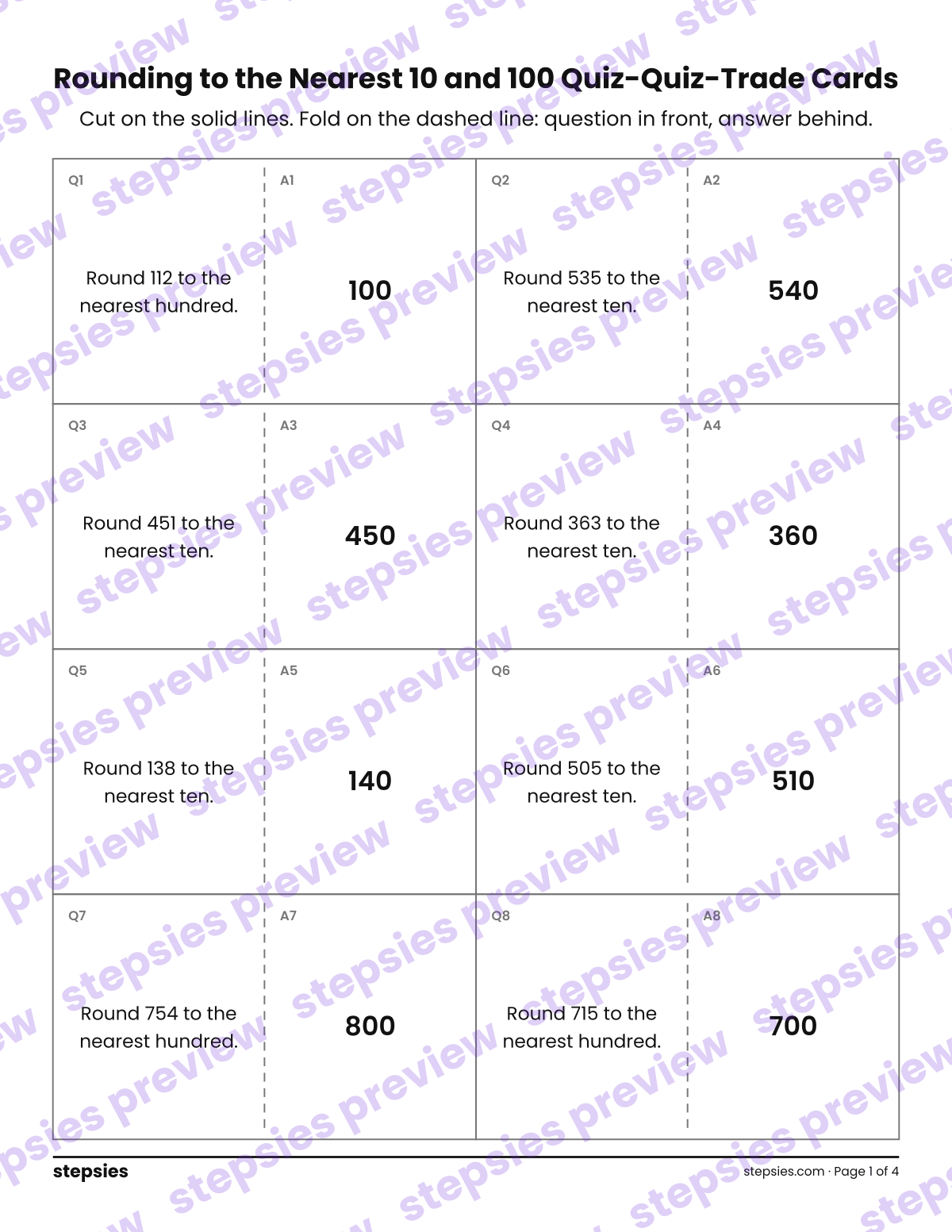 Rounding to the Nearest 10 and 100: Quiz-Quiz-Trade Cards: page 1 of a printable Grade 3 Math worksheet