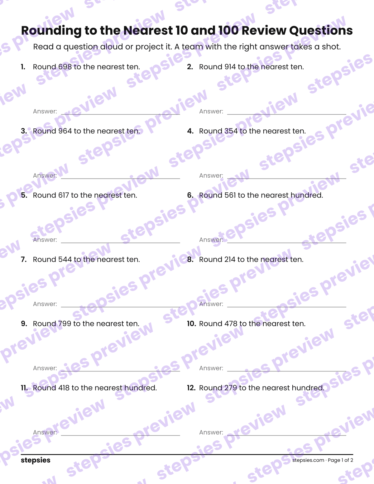 Rounding to the Nearest 10 and 100: Trashketball Review Questions: page 1 of a printable Grade 3 Math worksheet