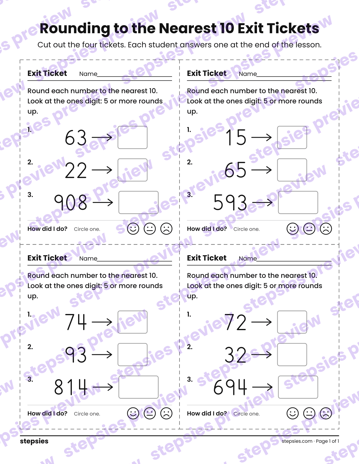 Rounding to the Nearest 10 Exit Tickets: page 1 of a printable Grade 3 Math worksheet