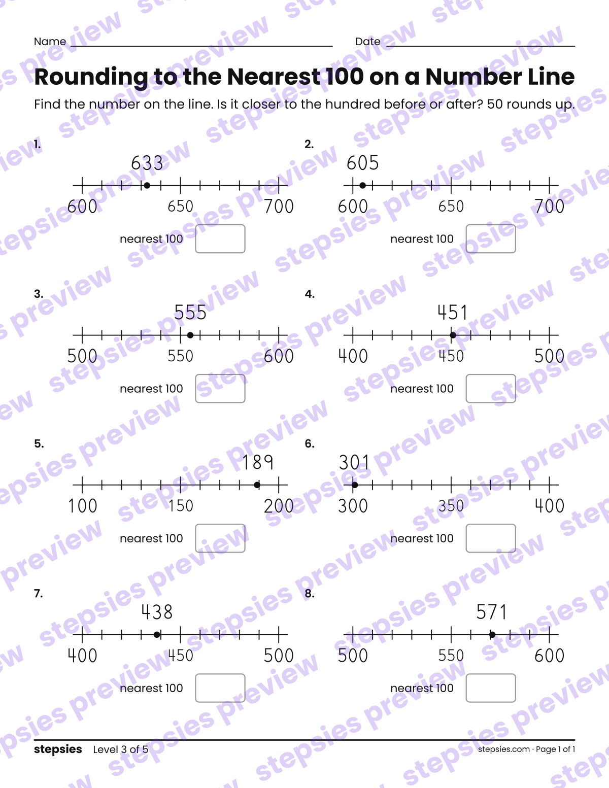Rounding to the Nearest 100 on a Number Line: page 1 of a printable Grade 3 Math worksheet