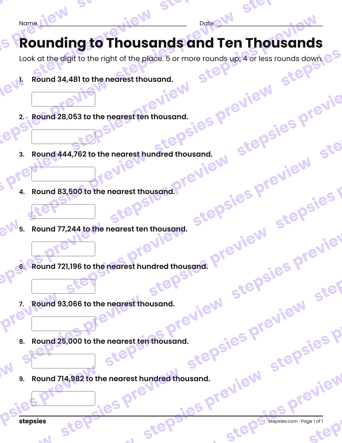 Rounding to Thousands and Ten Thousands: page 1 of a printable Grades 3 and 4 Math worksheet