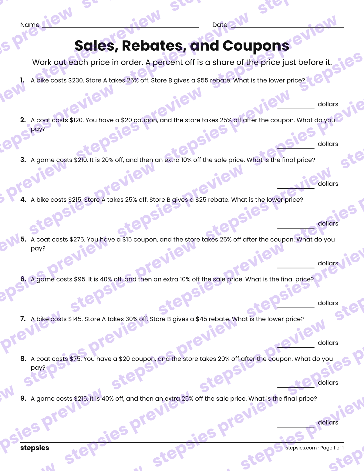 Sales, Rebates, and Coupons: page 1 of a printable Grade 7 Math worksheet