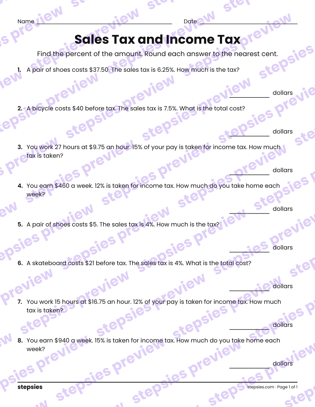 Sales Tax and Income Tax: page 1 of a printable Grade 7 Math worksheet