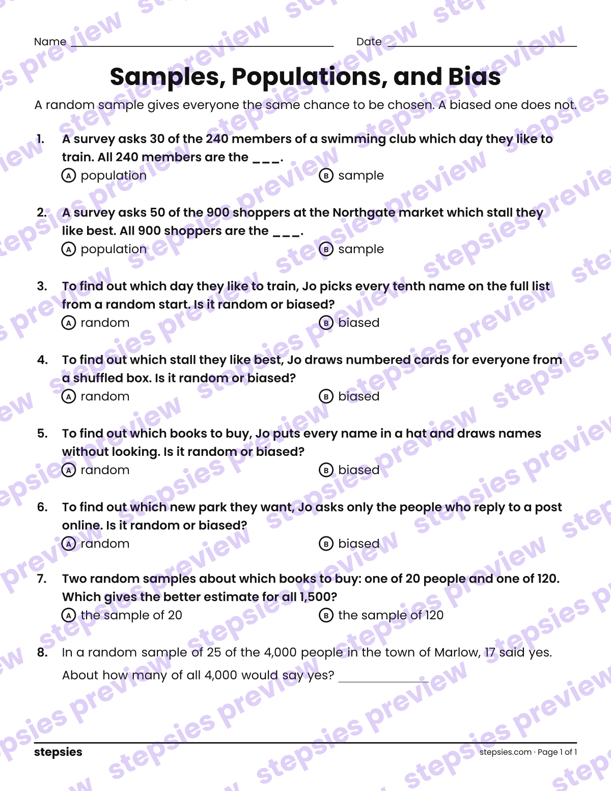 Samples, Populations, and Bias: page 1 of a printable Grades 6–8 Math worksheet